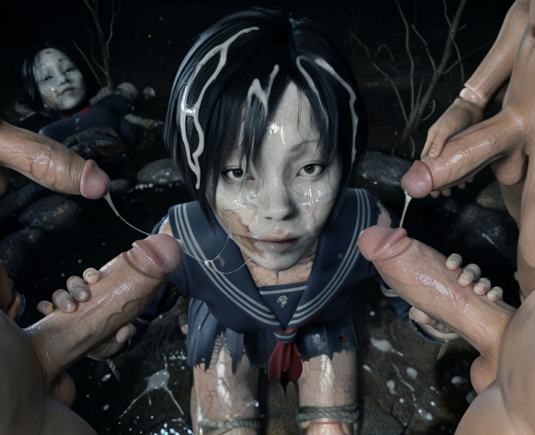 3d, absurd res, ai generated, ayakakashi, bukkake, cracked skin, cum, cum on face, cum on hair, cumdrip, cumstring, doll, doll girl, doll joints, double handjob, excessive cum, from above, gangbang, handjob, hi res, horror, looking at viewer, multiple boys, multiple penises, on knees, school uniform, schoolgirl, serafuku, short hair, silent hill, silent hill f, skirt, surrounded by penises, swamp