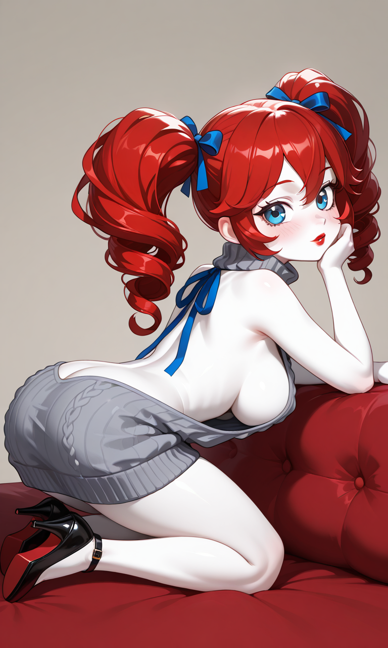 1female 1girls ai_generated ass back blue_eyes blush breasts curly_hair cushion female female_focus female_only high_heels leaning lips lipstick looking_at_viewer on_knees pixai poppy_(poppy_playtime) poppy_playtime red_hair red_lipstick sideboob smile smiling smiling_at_viewer tagme twintails virgin_killer_sweater white_skin