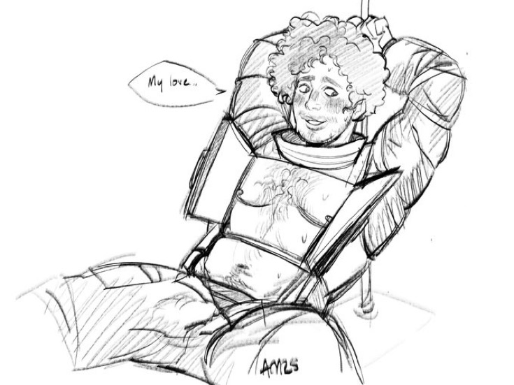 afro, curly hair, date everything, hairy, hairy armpits, hairy chest, hairy male, half naked, hector valentino airnesto condicionado (date everything), looking at another, looking back, male, male only, messy hair, nervous, nervous smile, pole, rugged, shy, sweat, sweaty