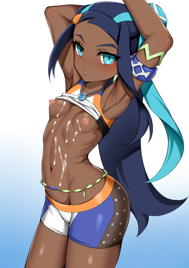 1girls abs areolae armpits arms_up belly blue_background blue_eyes blue_hair blush bracelet breasts cum cum_on_belly cum_on_body dark-skinned_female dark_skin exposed_breasts eye_contact eyelashes female female_only gradient_background gym_leader hair human long_hair looking_at_viewer midriff navel nessa_(pokemon) nintendo nipples pokemon pokemon_ss ribs shirt shirt_lift shorts small_breasts solo toshishikisai video_game white_background wide_hips