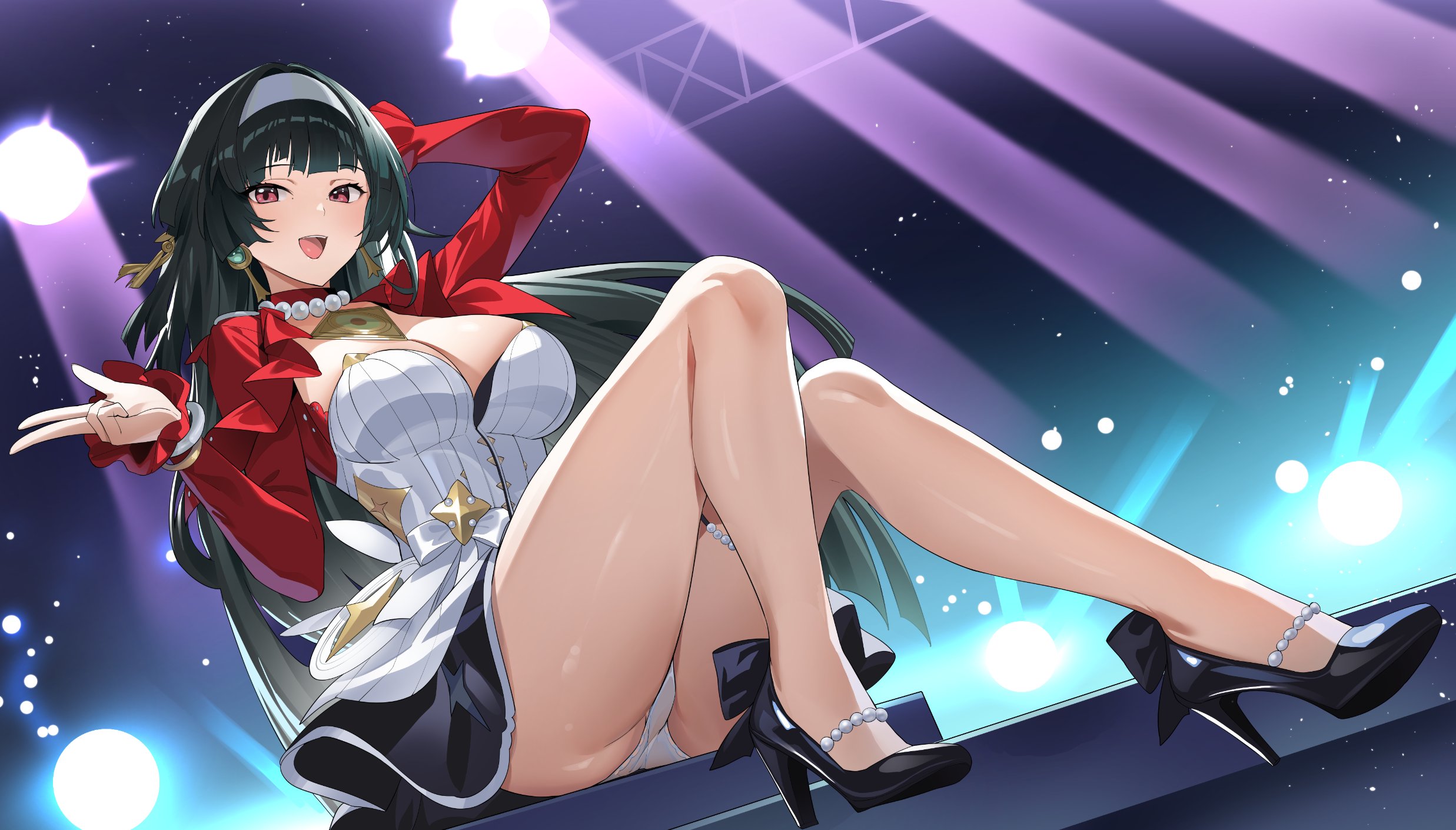 :d, 1girls, 2d, astra yao, big breasts, black hair, black shoes, breasts, clothed, clothed female, color, cropped jacket, dysoor, female, female only, full color, hairband, high heels, highres, jacket, jewelry, large breasts, long hair, looking at viewer, necklace, non-nude, open mouth, panties, pantyshot, patent heels, pearl necklace, pumps, red eyes, red jacket, shoes, sitting, smile, solo, stage, stage lights, strapless dress, thigh beads, underwear, uneven bangs, white hairband, white panties, zenless zone zero