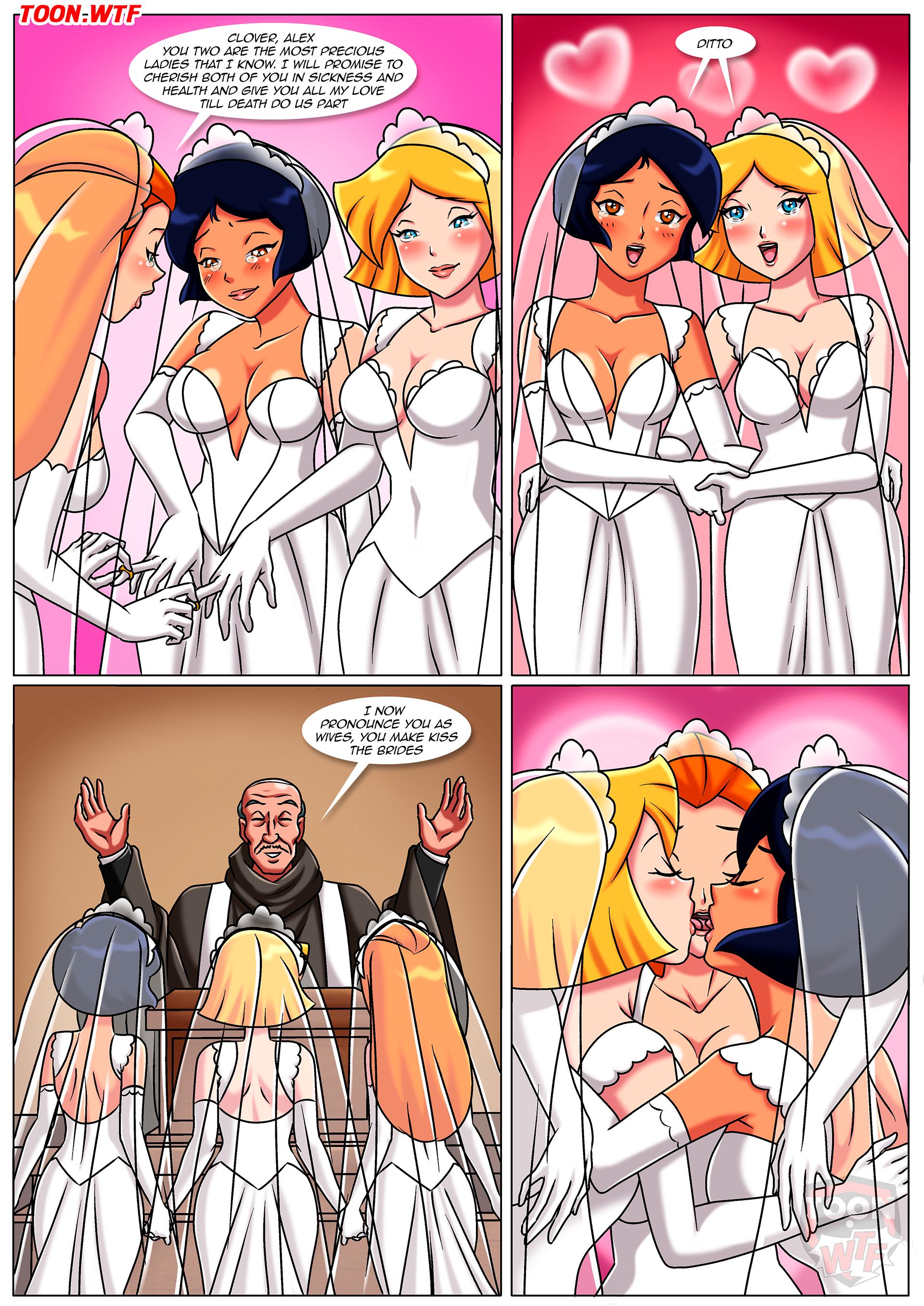 3girls, alex (totally spies), clover (totally spies), comic, comic page, female, group kiss, group kissing, jerry lewis (totally spies), kiss, marathon (copyright), marriage, palcomix, polygamy, sam (totally spies), threesome, totally spies, totally together forever (comic), triple kiss, wedding, wedding dress, wife and wife, wife and wife and wife, yuri