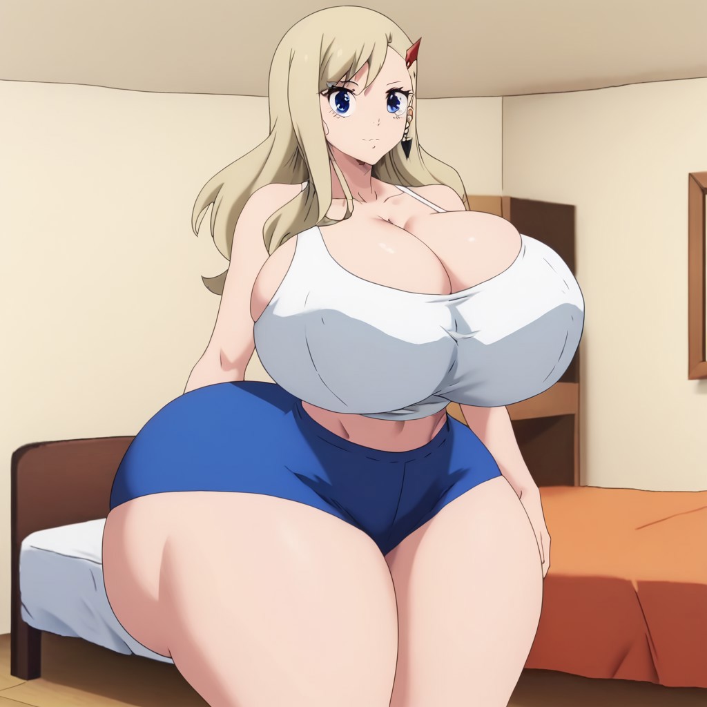 ai_generated blue_shorts edens_zero huge_ass huge_breasts rebecca_bluegarden thick_thighs voluptuous white_tank_top wide_hips