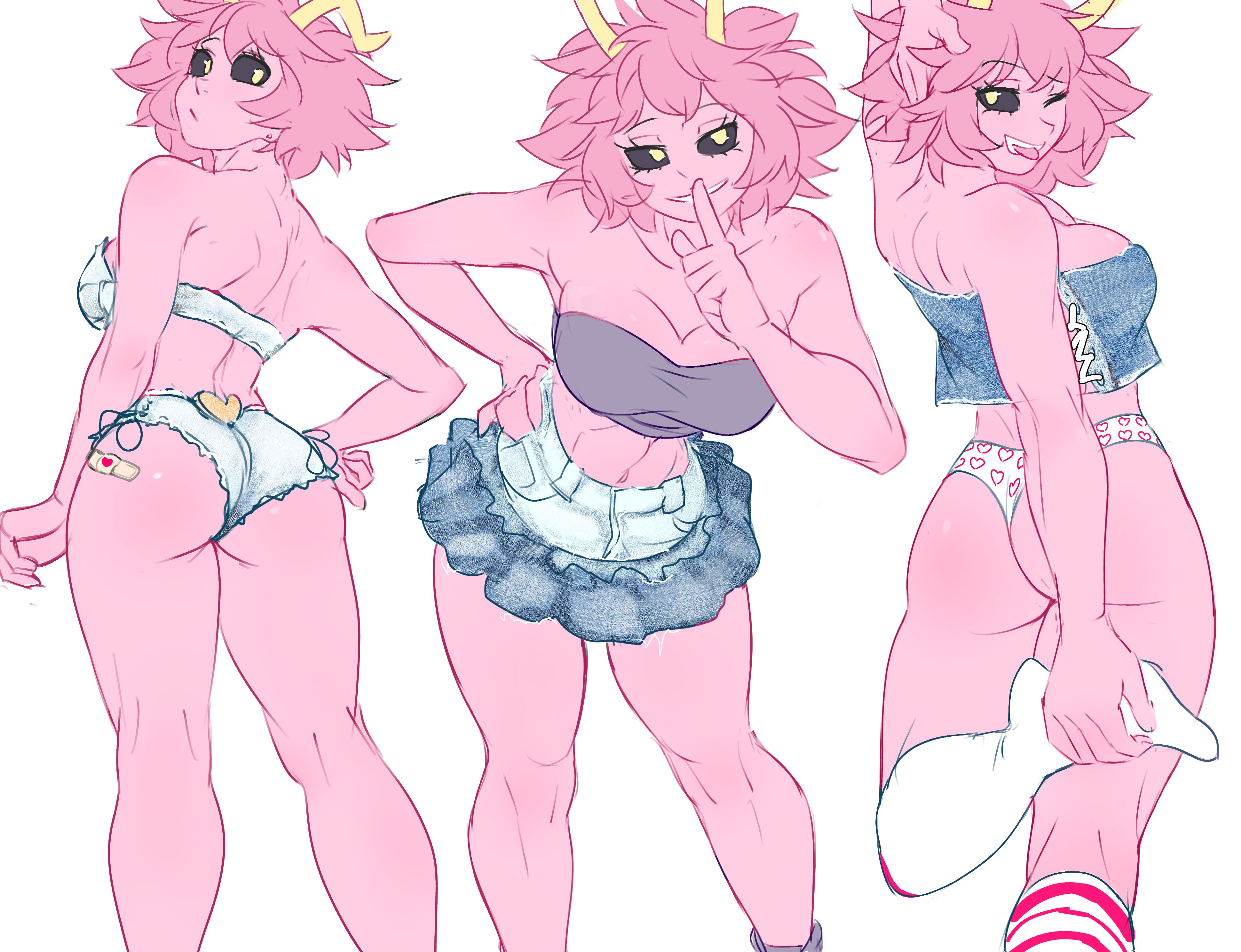 1girls, ass, ass focus, big ass, black sclera, boku no hero academia, booty shorts, breasts, cleavage, denim, denim clothing, denim shorts, female, fit, fit female, holic fz, jean shorts, jean skirt, looking at viewer, mina ashido, my hero academia, panties, pantsless, pink hair, pink-haired female, pose, posing, posing for the viewer, skirt, socks, solo, stretching, teenager, thighs, toned female, tubetop, wink, yellow eyes