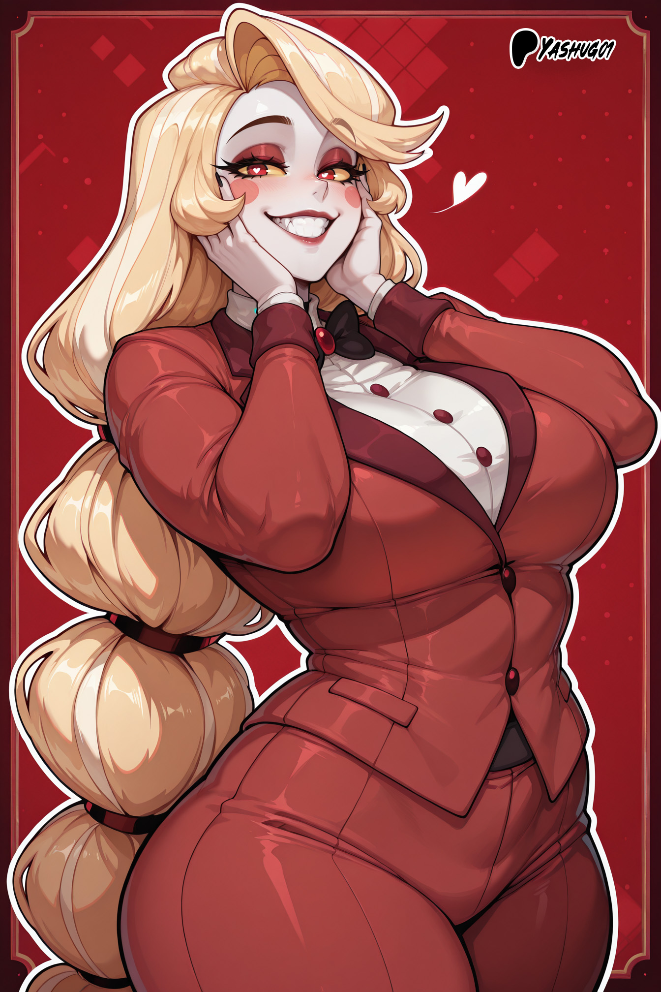 ai generated, bare thighs, blonde hair, blush, breasts, charlie morningstar (hazbin hotel), demon, demon girl, female, gigantic breasts, hazbin hotel, heart-shaped pupils, huge breasts, huge thighs, long hair, looking at viewer, massive breasts, red pupils, smiling, solo female, squatting, sweat, sweatdrop, thick body, thick female, thick thighs, thighs, very long hair, voluptuous, voluptuous female, white body, white skin, yashugai, yellow eyes