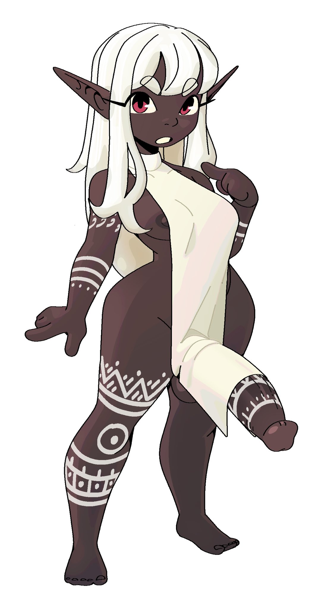 1futa, 2d, areolae, ass hanging out, balls, ballsack, bottomless, breasts, clothed, clothed futa, clothing, cock, cock out, dark skin, dark-skinned futa, dick, dick out, dickgirl, elf, elf ears, elf futa, erection, functionally nude, functionally nude futa, futa only, futanari, humanoid, humanoid penis, intersex, lii demo, mostly nude, nipples, original, original character, penis, penis out, red eyes, sideless outfit, simple background, smooth balls, smooth penis, solo, solo futa, tattoo, tattoo on arm, tattoo on legs, tattoo on penis, tattooed arm, tattoos, testicles, trans woman, transfem, tribal, tribal markings, tribal tattoos, useless clothing, white background, white hair