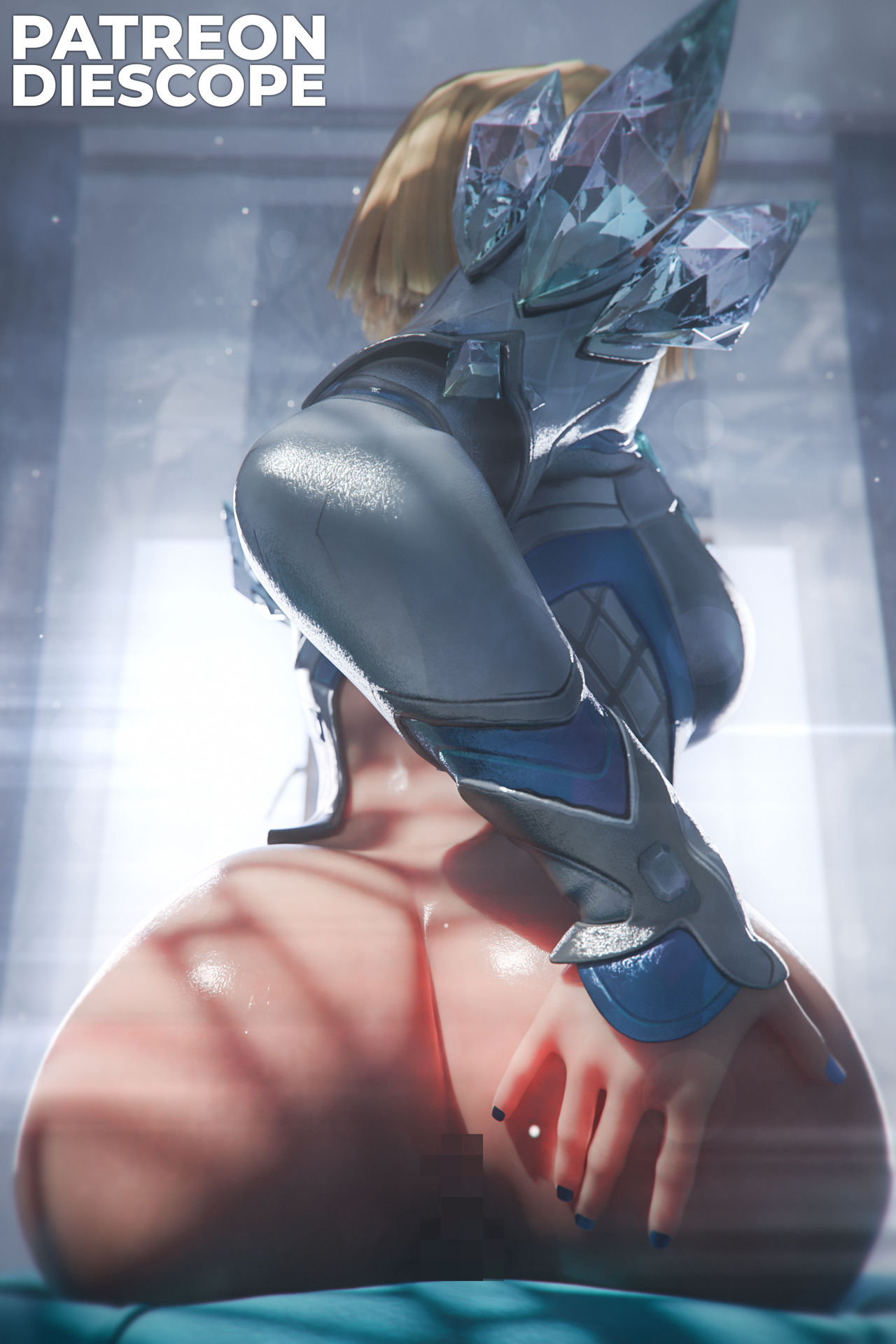 3d, ass, ass focus, below view, big ass, big butt, blonde female, blonde hair, blue eyes, blue eyeshadow, blue nails, bob cut, bottomless, bottomless female, breasts, bubble ass, bubble butt, censored, closed mouth, diescope, emma frost, emma frost (marvel rivals), eyebrows, female, hand on ass, hellfire club, large breasts, light skin, light-skinned female, low-angle view, marvel, marvel comics, marvel rivals, medium hair, mosaic censoring, no visible face, thick legs, thick thighs, viewed from below, wide hips, x-men