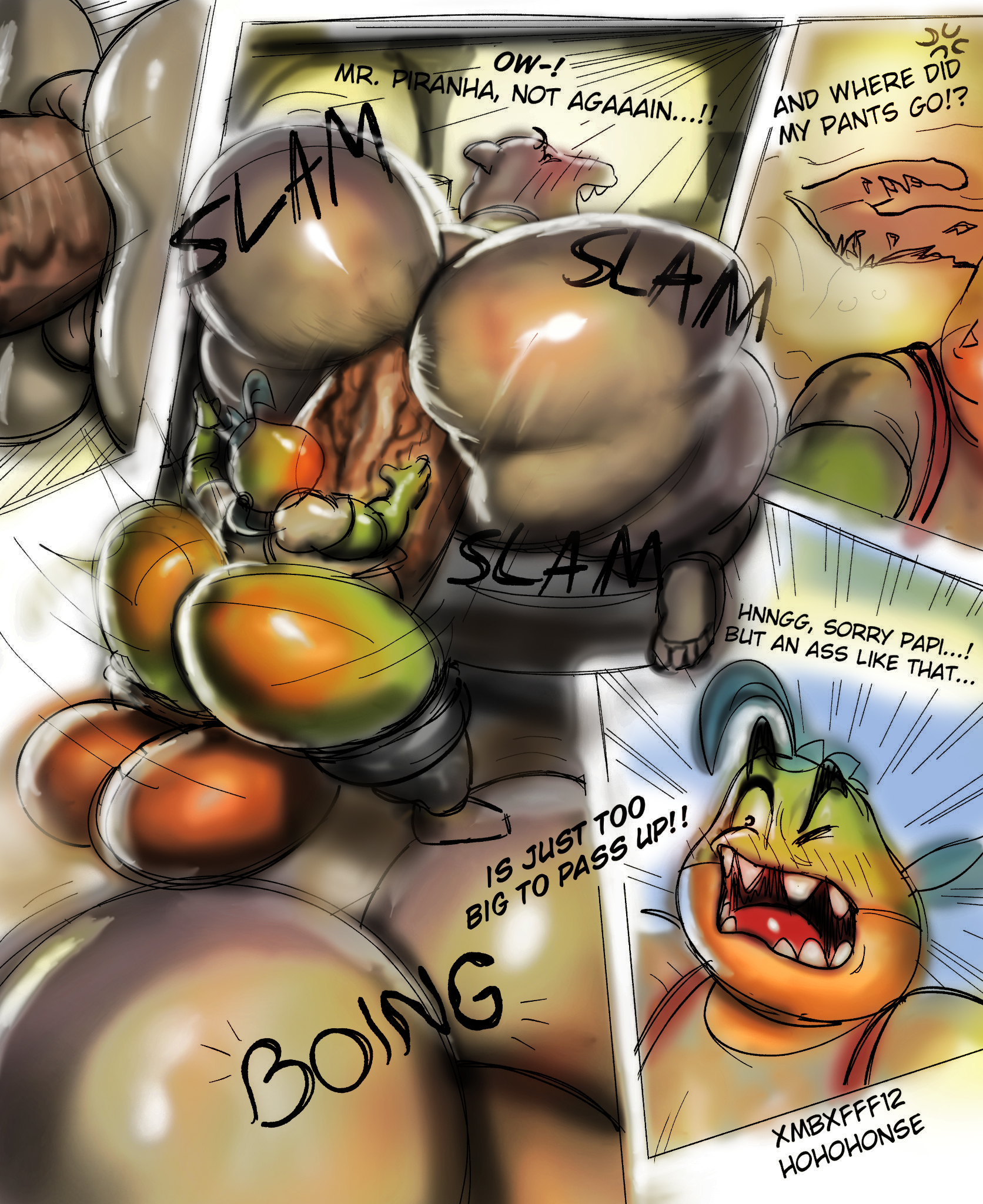 !!, !?, 2025, anal sex, ass, balls, big ass, big balls, big butt, big penis, blush, bubble butt, collaboration, comic page, dreamworks, dreamworks animation, fish, gay, gay sex, hohohonse, huge balls, huge cock, hyper, hyper ass, hyper penis, male, male only, mr. piranha (the bad guys), mr. shark (the bad guys), page 3, penis, piranha (fish), piranha fish, plump, plump ass, plump thighs, precum, shark, star eyes, text, the bad guys, universal pictures, universal studios, wide ass, wide thighs, xmbxfff12