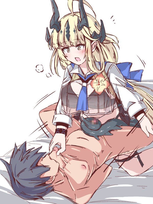arknights, censored, dragon girl, faceless male, female, futa on male, futanari, gemuaka719, horns, intersex, male, penis, reed (arknights), tail, tail job, tail wrap, tail wrapped around penis