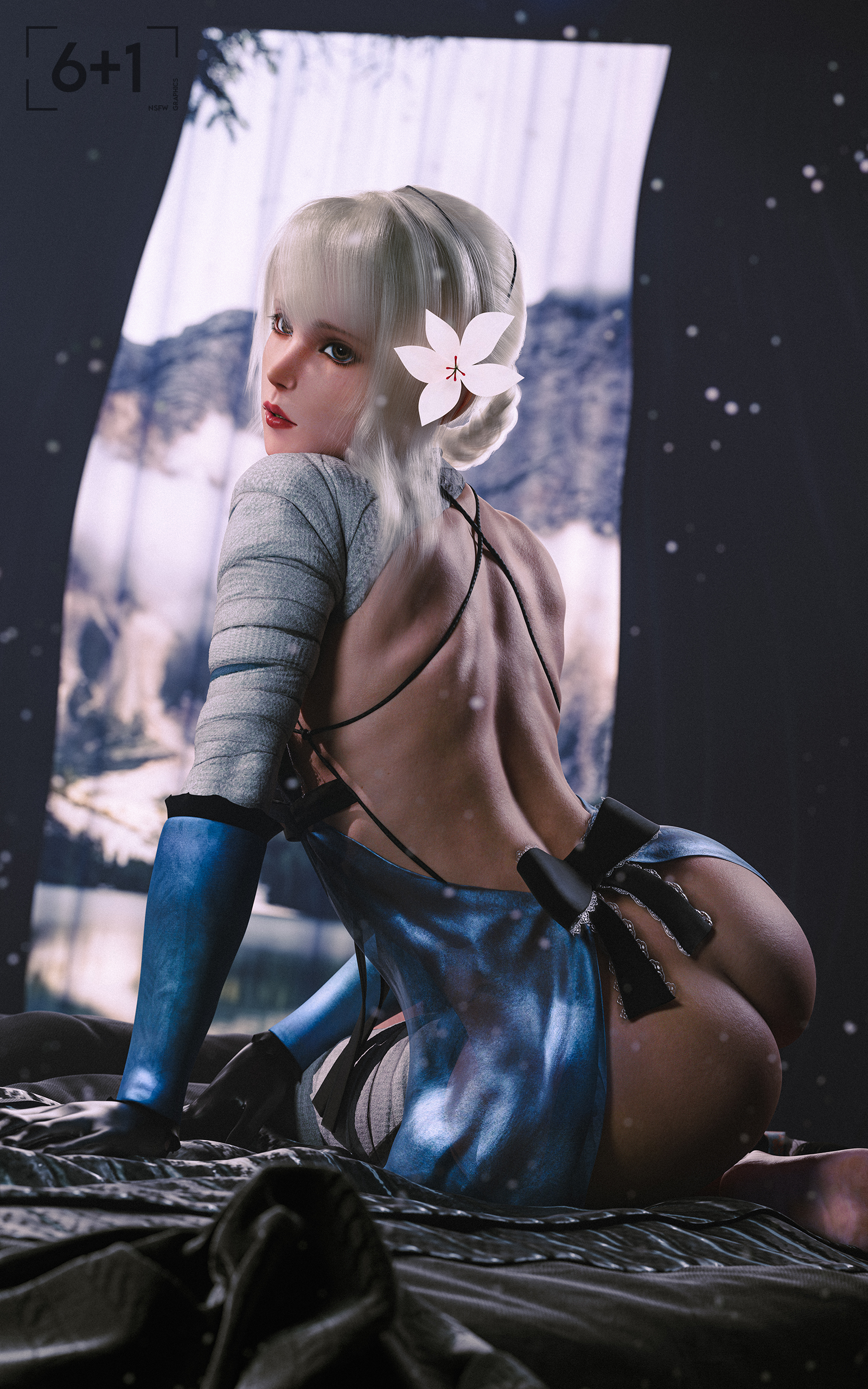 1girls, 2025, 3d, alternate version available, ass, ass out, bandage, bandaged arm, bandaged thigh, bandages, brown eyes, brown eyeshadow, detailed background, elbow gloves, eyeliner, female, female only, fit, fit female, flower, flower in hair, gloves, image set, indoors, kaine (nier), legs together, lingerie, lingerie only, lipstick, long hair, looking at viewer, looking back, looking back at viewer, nier, nier (series), nightgown, nightie, rear view, red lipstick, ribbon, sheer lingerie, sitting, sitting on ground, sixplusone, soles, solo, tent, tent interior, tied hair
