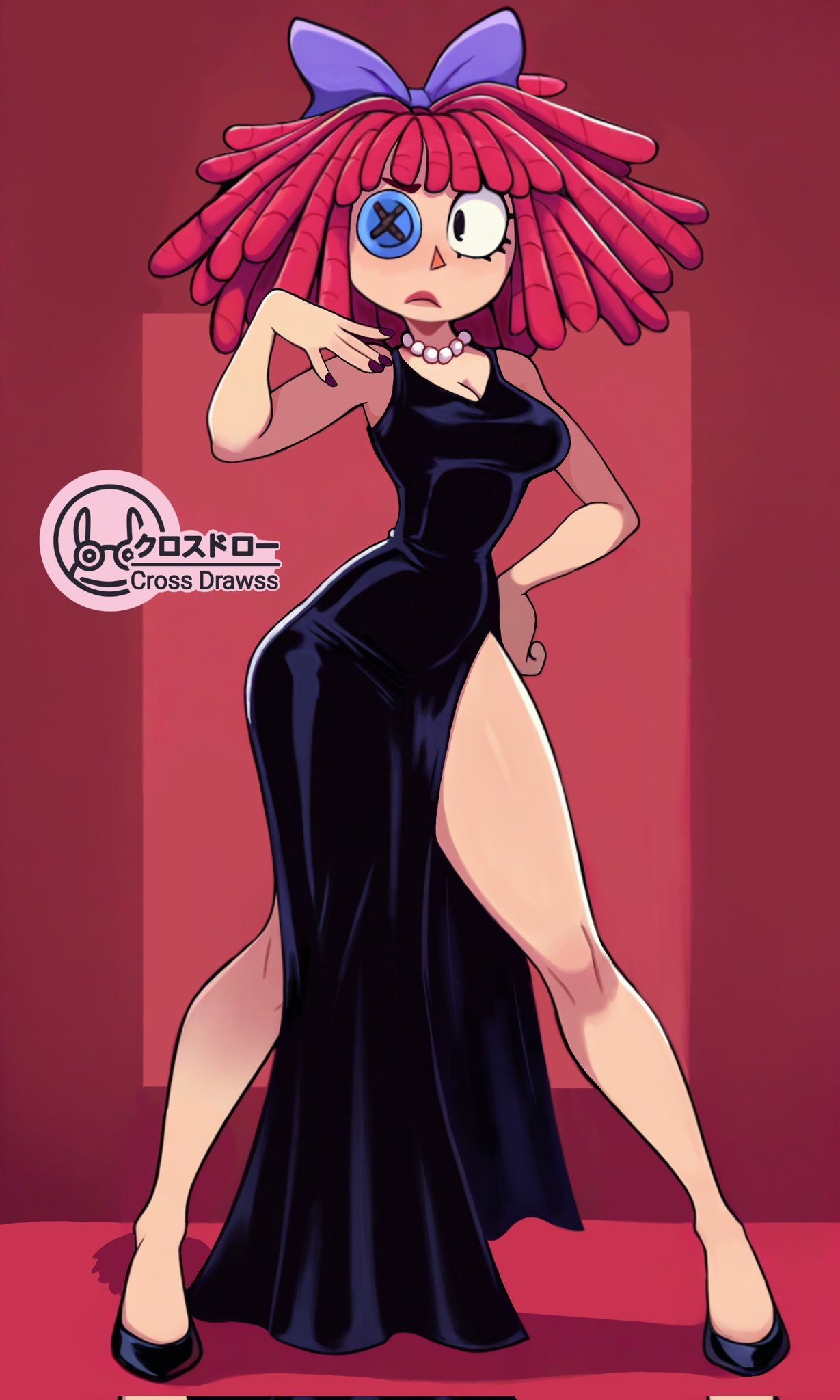 ai generated, big breasts, big thighs, big titties, breasts, clothing, crossdrawss, curvaceous, curvaceous female, curvaceous figure, curvy, curvy figure, curvy hips, dress, female, female focus, female only, looking at viewer, ragatha, ragatha (tadc), ragatha (the amazing digital circus), red hair, short hair, the amazing digital circus