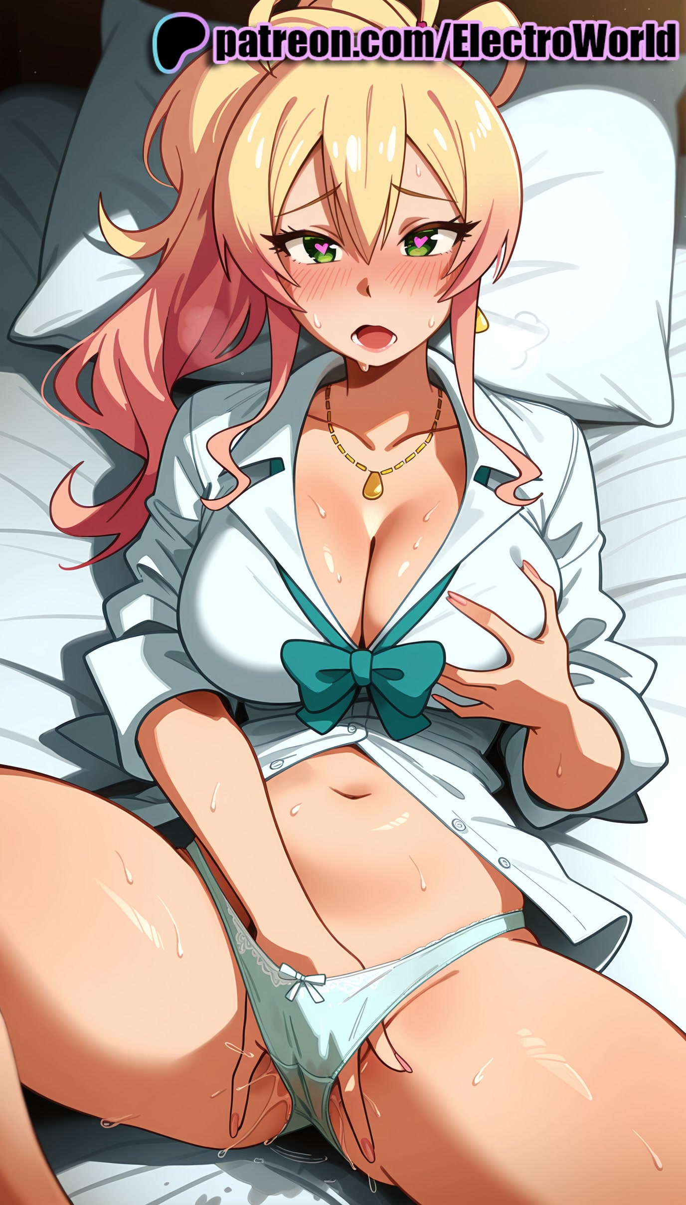 1girls, 2025, ai generated, artist name, bed, bed sheet, blonde hair, blush, breasts, bust, chest, cleavage, electroworld, female, fingering, futon, green eyes, green panties, hair between eyes, hajimete no gal, hand in panties, heart, hi res, high quality, high resolution, highres, jewelry, laying down, legs apart, legs spread, long hair, lying, lying on back, masturbation, multicolored hair, navel, on back, on bed, open legs, open mouth, panties, patreon, patreon username, pillow, pussy, pussy juice, self fondle, shirt, solo, splayed legs, spread legs, stable diffusion, sweat, underwear, watermark, yame yukana