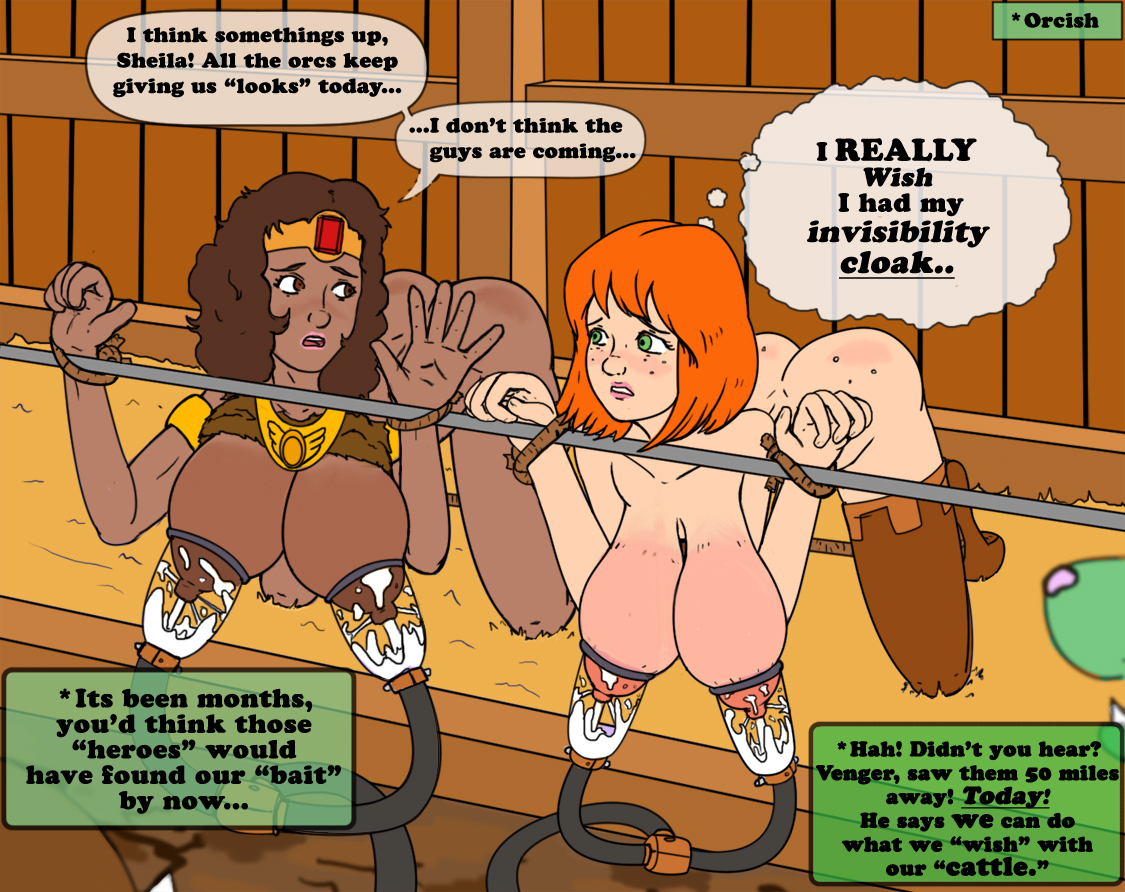 2girls, barn, bound, breasts, captured, captured heroine, dark-skinned female, defeated, defeated heroine, diana the acrobat, dungeons and dragons, english text, farm, female, femsub, helpless, hucow, huge breasts, human farm, human livestock, jim sugomi, lactating, lactation, livestock, milk, milking, milking machine, questionable consent, sheila the thief, tagme, text