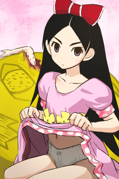 00s 1girls 2000s 2009 asian asian_female bangs black_hair blood dark_eyes detailed_background dress female female_only frown frowning frowning_at_viewer hairbow haruyama_kazunori japanese_female kitsu_chiri lifting lifting_dress lifting_own_clothes light-skinned_female light_skin long_hair looking_at_viewer panties parted_bangs pink_dress sayonara_zetsubou_sensei severed_arm solo source_not_archived underwear white_panties white_underwear