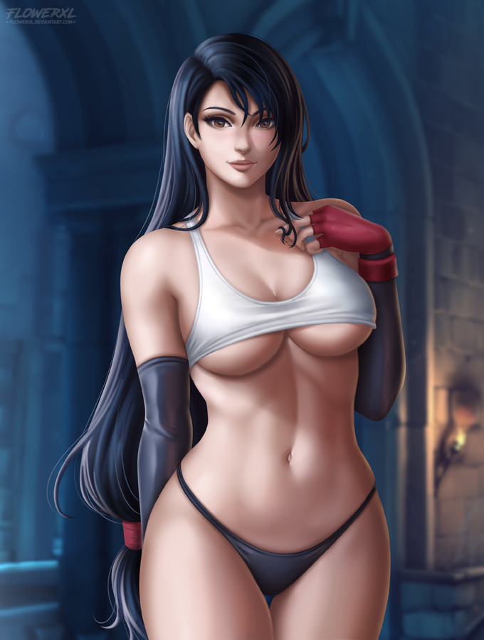 1girls, abs, bra, breasts, cleavage, female, female only, final fantasy, final fantasy vii, flowerxl, hourglass figure, large breasts, looking at viewer, navel, no pants, panties, pinup, smile, solo, tifa lockhart, underboob, underwear