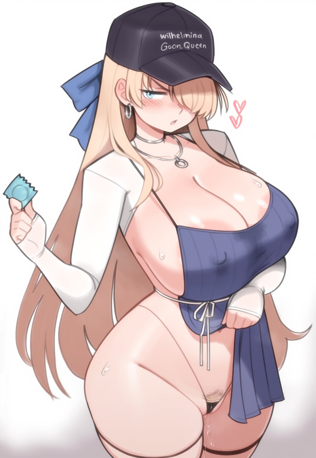 ai generated, alternate costume, areola slip, blonde hair, blue eyes, breasts, brown dust (series), brown dust 2, cleave, condom, curvy, earrings, female, female only, hair bow, hair over one eye, hiita (artist), huge breasts, long hair, necklace, parted lips, pubic hair, sweat, text on hat, wide hips, wilhelmina (brown dust)