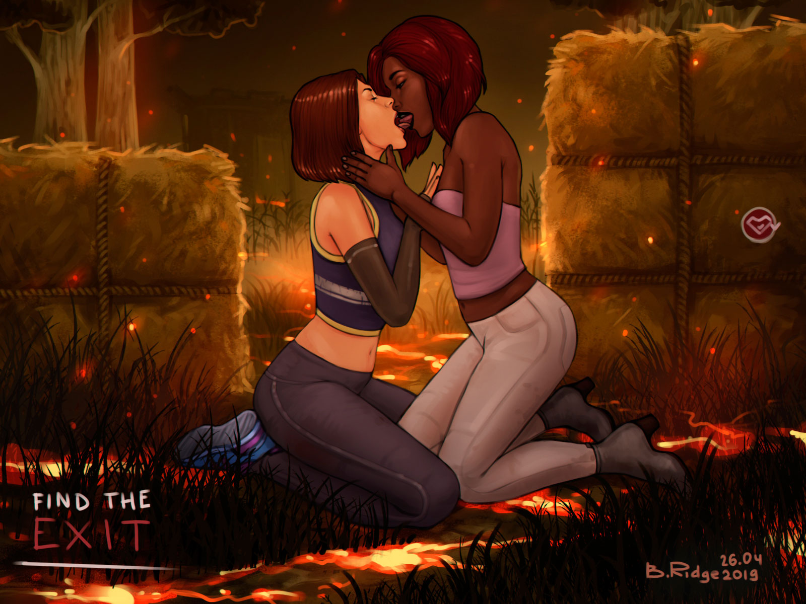 2d, 2girls, b.ridge, black skin, claudette morel, clothed, dbd, dead by daylight, detached sleeves, embers, eyes closed, female, female only, female/female, human, human only, interracial, kissing, meg thomas, multiple females, multiple girls, na1t, white skin, yuri