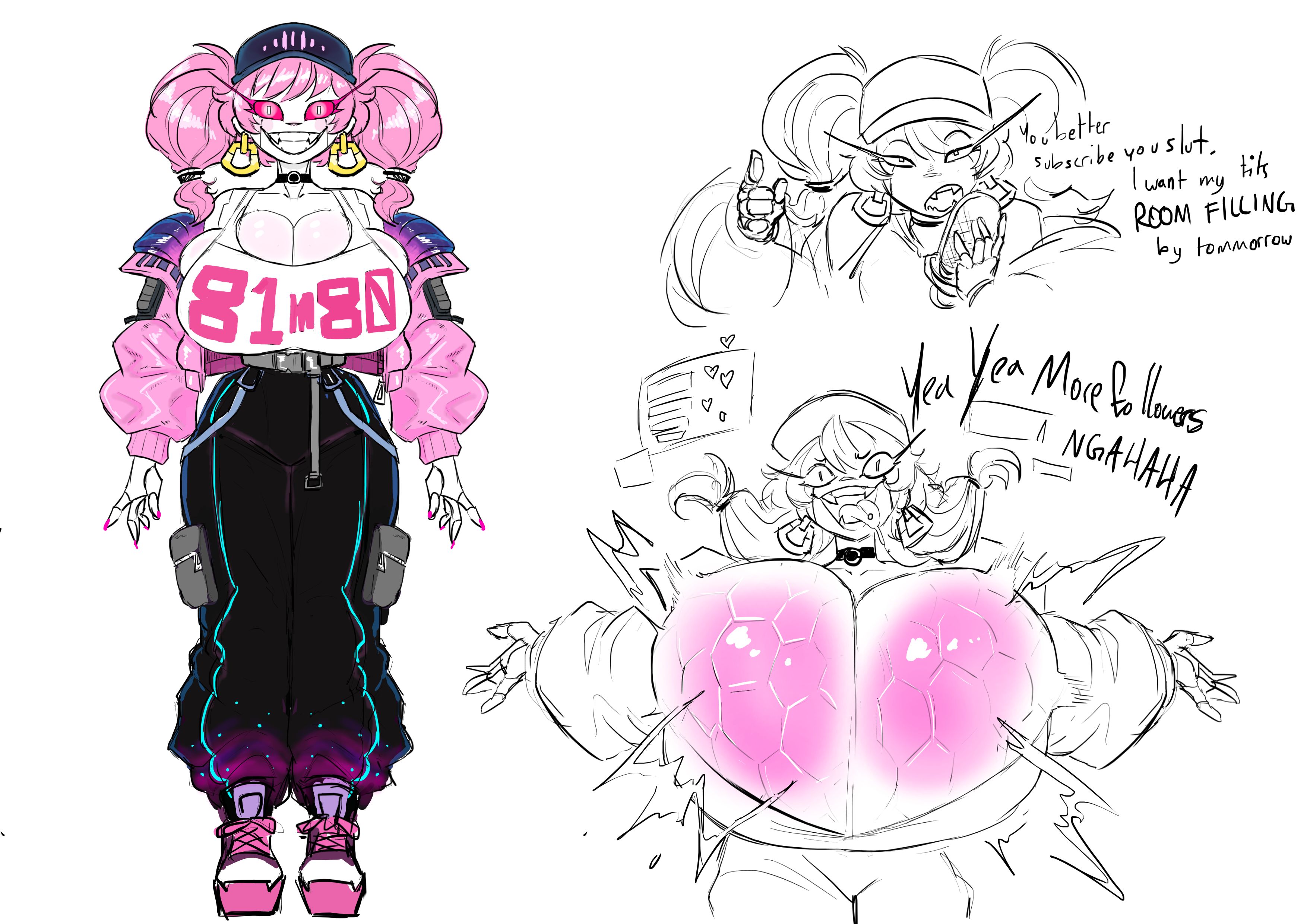 baggy pants, black pants, breast expansion, breast growth, breast growth (enlargement), breasts, cargo pants, female, gigantic breasts, grin, hat, hexagon, hoop earrings, huge breasts, jacket, original, pink hair, pink jacket, pink sclera, robot, robot girl, streetwear, tank top, tongue, tongue out, twintails, white skin, white tank top, yobaba