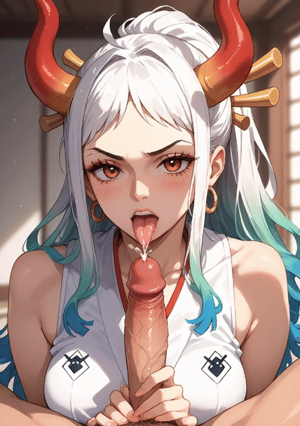 1girls ai ai_generated blowjob cum_in_mouth demon female penis white_hair yamato_(one_piece)