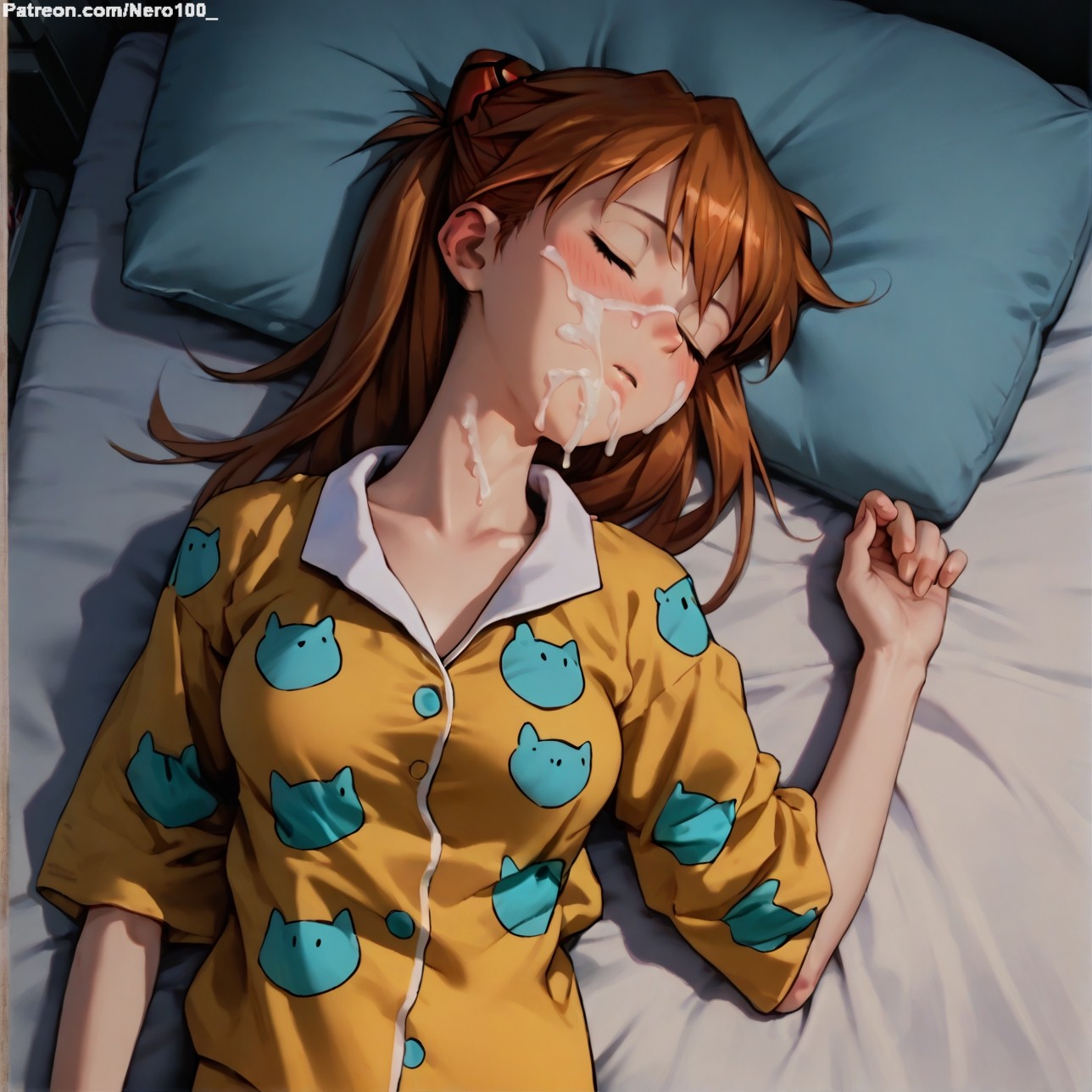 1girls, 2d, ai generated, areolae, armpit, asuka langley sohryu, bare arms, big breasts, blue eyes, breasts, chest, cum, cum in mouth, cum on face, curvy, curvy figure, cute, cute face, detailed, eyelashes, eyeshadow, face focus, female, female only, fit, fit female, focus, hair, high quality, large breasts, legs, light skin, light-skinned female, lips, lipstick, long hair, looking at viewer, makeup, mascara, neon genesis evangelion, nero100, orange hair, pajamas, pale skin, pale-skinned female, perky breasts, petite, petite body, petite female, posing, seductive, seductive look, skinny, skinny female, sleeping, stable diffusion, tagme, teenager, thighs, thin waist, twintails, young female
