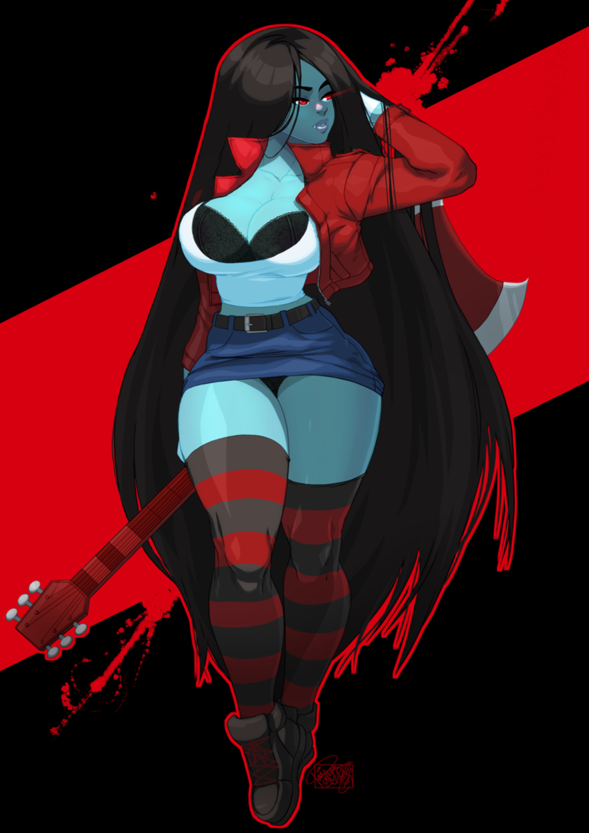 1girls, adventure time, big breasts, blue skin, bra, breasts, brown hair, cartoon network, cleavage, clothed, electric guitar, fangs, female, female focus, female only, guitar, large breasts, leather jacket, marceline, musical instrument, red eyes, skirt, stockings, striped legwear, thighs, tovio rogers, vampire, very long hair