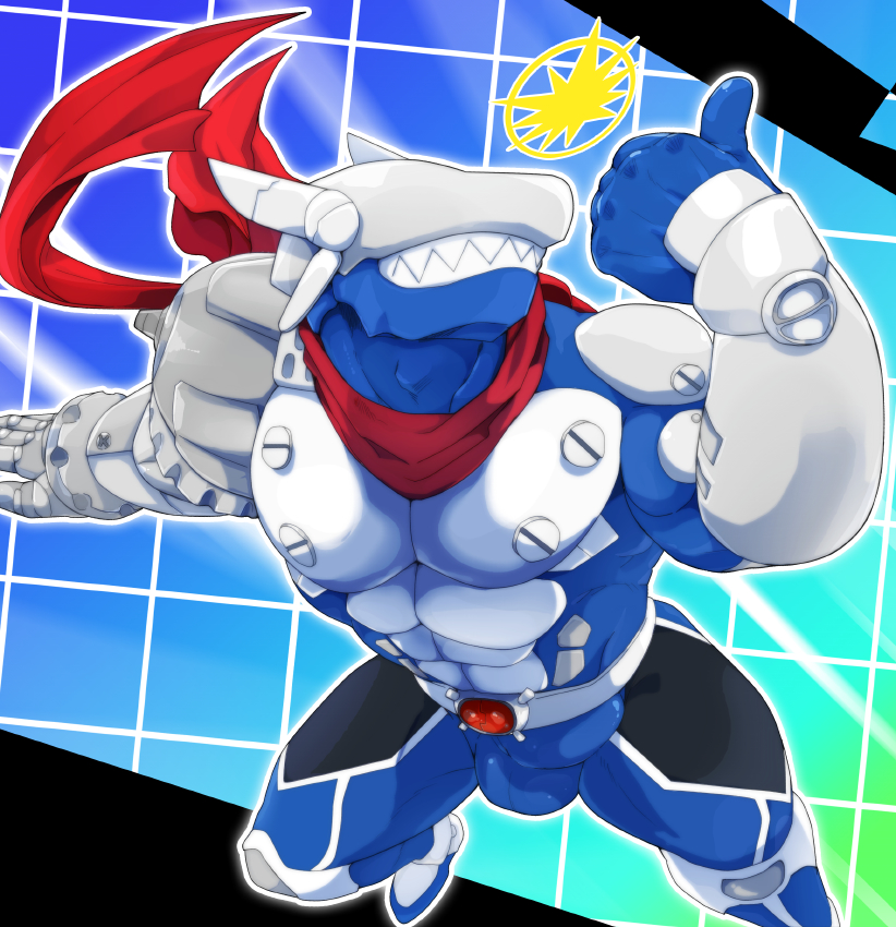 abstract_background anthro belt bulge cyberdramon debirobu digimon digimon_(species) gesture grin hybrid justimon male male_only muscular muscular_male penis_outline scarf sharp_teeth smile teeth thumbs_up tight_suit