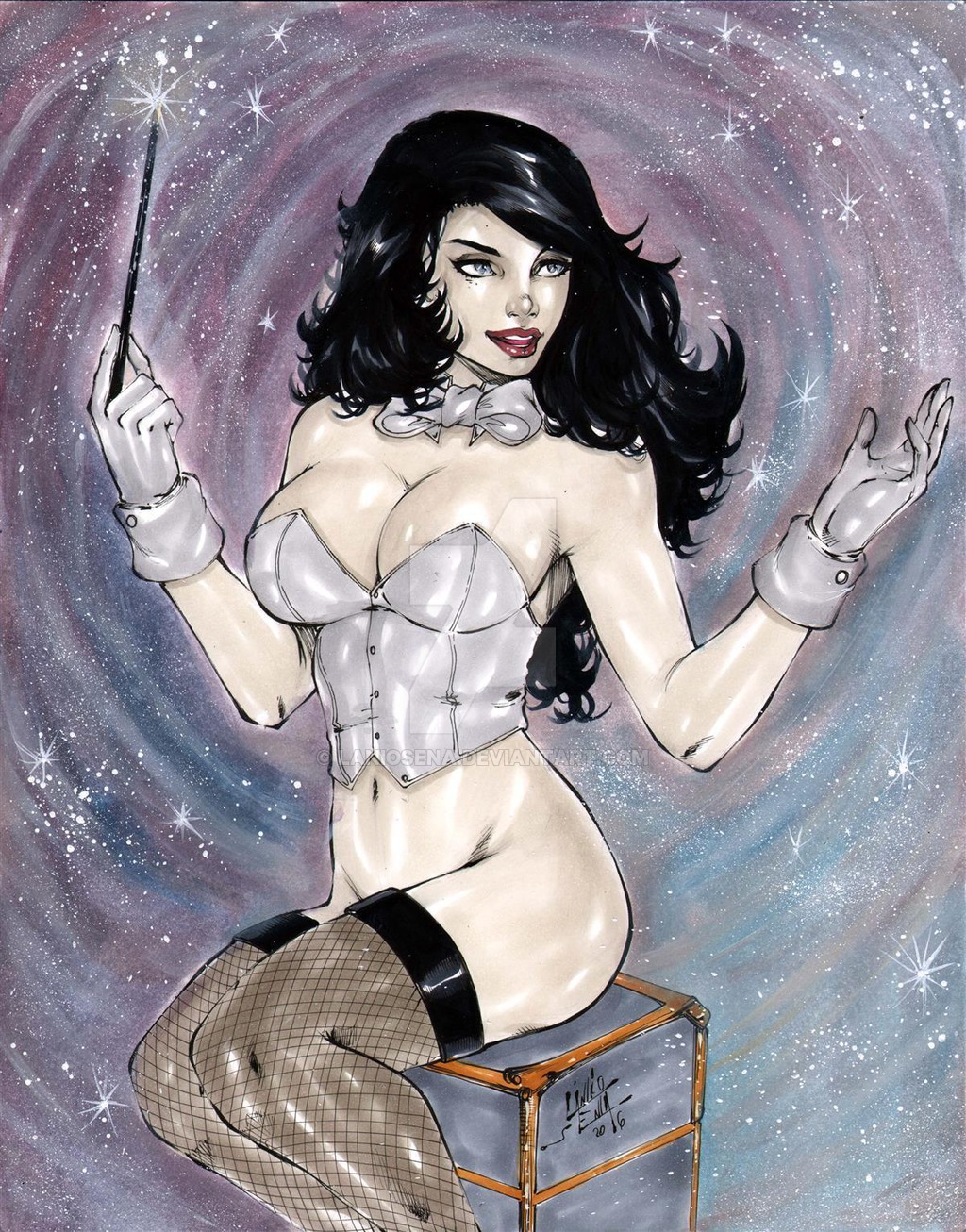 1girls 2016 belly_button big_breasts black_hair black_thighhighs blue_eyes bottomless bowtie box breasts busty corset curvaceous curvy dated dc dc_comics deviantart ed_benes_studio eyeshadow female female_only fishnet fishnet_stockings fishnets gloves holding_wand holding_weapon homo_magi human justice_league lanio_sena large_breasts long_hair mage magic_wand magician mascara midriff navel no_panties open_mouth pinup red_lips red_lipstick signature sitting solo sorceress space starry_background stars stockings stomach straight_hair superheroine thick_thighs thighhighs thighs voluptuous wand watermark white_bowtie white_corset white_gloves witch zatanna zatanna_zatara