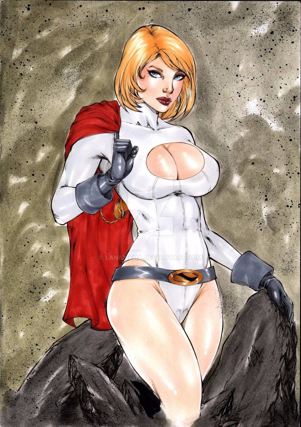 1girls 2017 ashes belt big_breasts blonde_hair blue_belt blue_eyes blue_gloves breasts busty cape cleavage cleavage_cutout curvaceous curvy dated dc dc_comics deviantart earth-2 earth2 earth_2 ed_benes_studio eyeshadow female female_only gloves jsa justice_society justice_society_of_america kara_zor-l karen_starr kryptonian lanio_sena large_breasts leotard makeup mascara nipple_bulge nipples pinup power_girl red_cape red_lips red_lipstick rock rocks rubble ruins short_hair signature solo superheroine thick_thighs thighs voluptuous watermark white_clothes white_clothing white_leotard