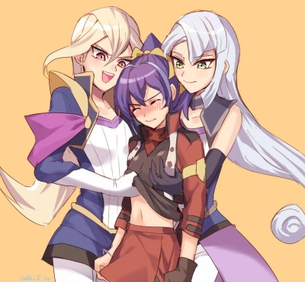 3girls blonde_hair breasts clothed female female_only girl_sandwich gloria_tyler gloves grace_tyler green_eyes groping orange_eyes purple_hair serena_(yu-gi-oh!_arc-v) silver_hair tyler_sisters(yu-gi-oh!) yu-gi-oh! yu-gi-oh!_arc-v yuri