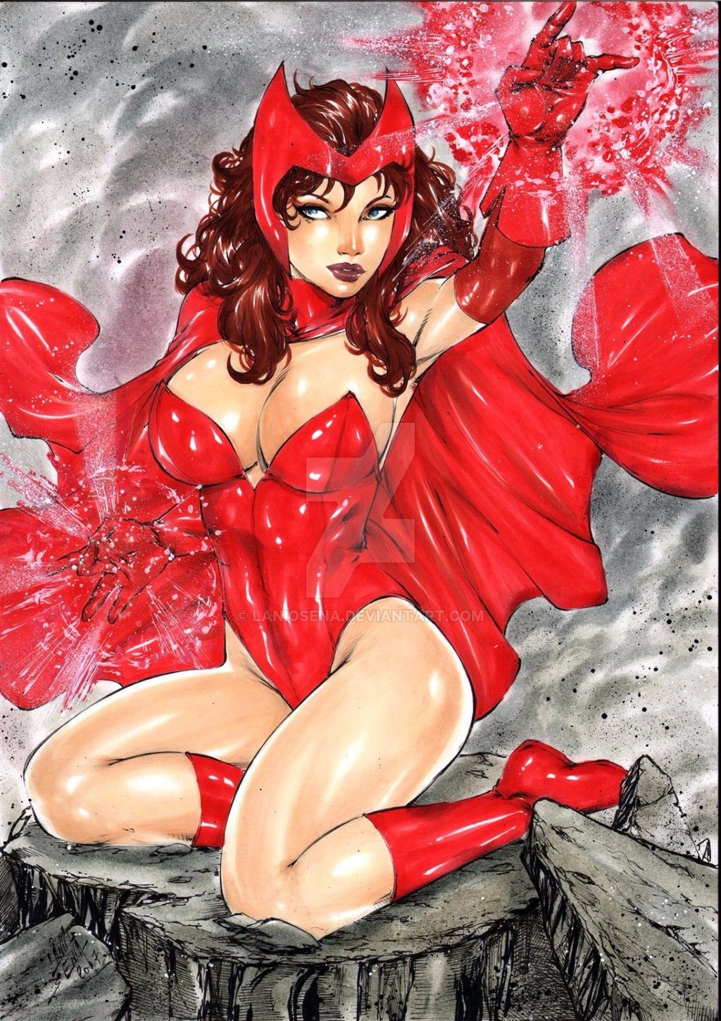 1girls 2017 auburn_hair aura avengers big_breasts blue_eyes boots breasts brown_hair busty cape casting_spell cleavage corset curvaceous curvy dated deviantart ed_benes_studio female female_only headwear homo_superior human kneeling lanio_sena large_breasts leotard long_hair makeup marvel marvel_comics mascara mutant pinup red_boots red_cape red_clothes red_clothing red_corset red_hair red_headwear red_leotard rock rocks rubble ruins scarlet_witch signature solo sorceress spell superheroine thick_thighs thighs voluptuous wanda_maximoff watermark