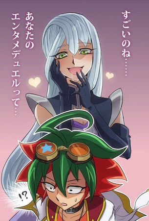 gloves grace_tyler green_eyes silver_hair tongue_out yu-gi-oh! yu-gi-oh!_arc-v yuya_sakaki