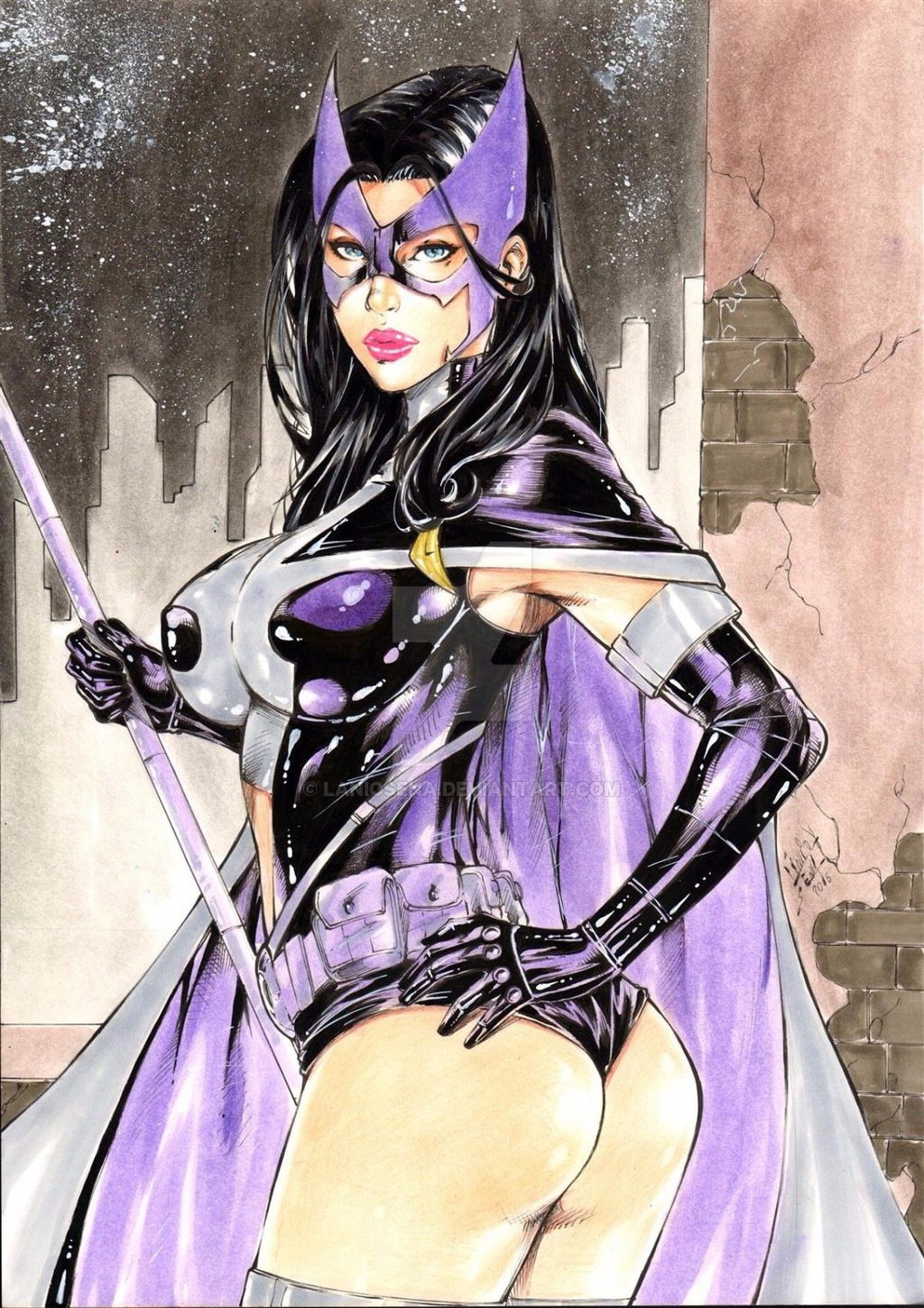 1girls 2016 ass belt big_ass big_breasts birds_of_prey black_hair blue_eyes breasts building buildings busty cape city cityscape curvaceous curvy dat_ass dated dc dc_comics deviantart ed_benes_studio erect_nipples eyeshadow female female_only gloves gotham helena_bertinelli holding_staff human huntress_(dc) justice_league lanio_sena large_breasts leotard long_hair makeup mascara mask nipple_bulge nipples panties pink_lips pink_lipstick pinup pouch purple_belt purple_cape purple_gloves purple_leotard purple_mask purple_panties rooftop signature sky skyscraper solo staff star starry_sky stars superheroine thick_ass thick_thighs thighhighs thighs utility_belt voluptuous watermark