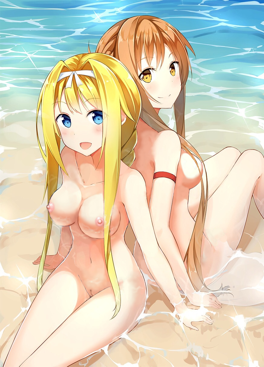 2019, alice zuberg, alluring, beach, blonde hair, blue eyes, breasts, brown eyes, brown hair, female, legs, nude, ocean, sword art online, sword art online: alicization, yuuki asuna