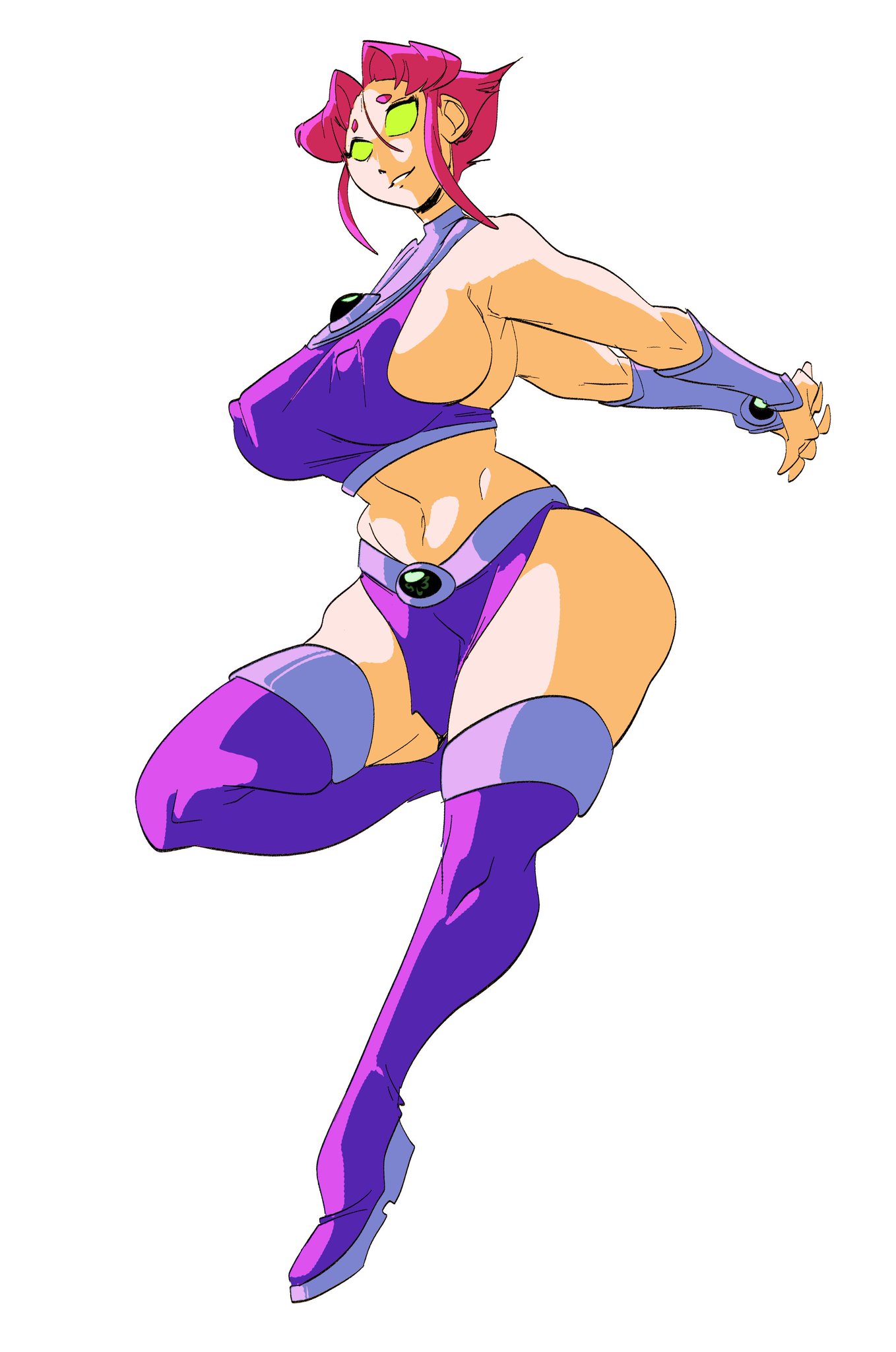1girls, big breasts, boots, breasts, cleavage, dc, dc comics, female, female only, green eyes, koriand'r, large breasts, long hair, looking at viewer, panties, red hair, short hair, slb, solo, starfire, teen titans, wide hips