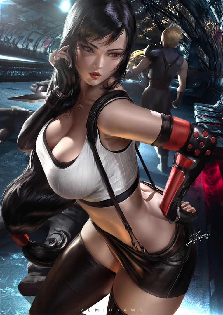 1boy, 1girls, big breasts, black hair, breasts, cleavage, clothed, clothing, cloud strife, female, female focus, final fantasy, final fantasy vii, fingerless gloves, gloves, human, large breasts, legwear, long hair, male, pinup, red eyes, solo focus, standing, text, thick thighs, thighhighs, thighs, tifa lockhart, very long hair, watermark, wide hips, zumi