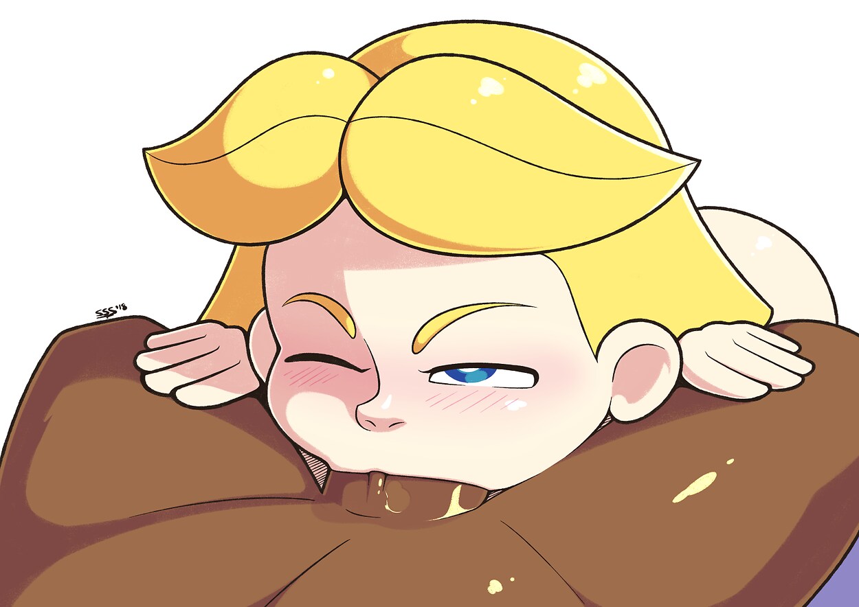 aged up, blonde hair, blue eyes, clifford the big red dog, cute, dark skin, dark-skinned male, deepthroat, deepthroat holder, emily elizabeth, fellatio, interracial, male, medium hair, oral, oral sex, partial male, scholastic corporation, short hair, supersegasonicss, teenager, wink, yellow hair
