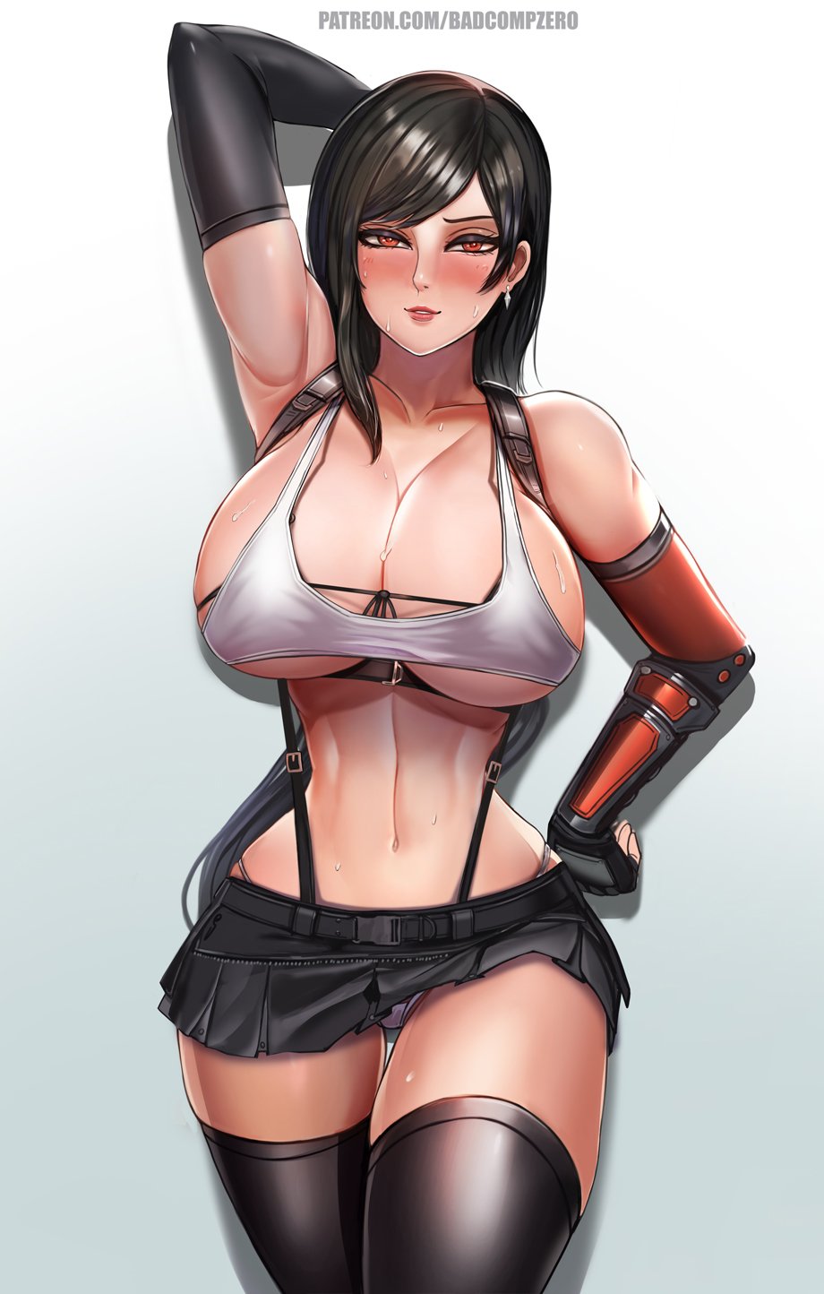 1girls, abs, alternate breast size, arm up, armpits, badcompzero, belly, big breasts, breasts, breasts bigger than head, cleavage, clothed, clothing, female, female only, final fantasy, final fantasy vii, fully clothed, half-closed eyes, huge breasts, large breasts, midriff, muscular, muscular female, patreon, pose, revealing clothes, shirt, skimpy clothes, skirt, small waist, solo, square enix, text, thick thighs, thigh gap, thin waist, tifa lockhart, tiny waist, underboob, url, video games, watermark, wide hips