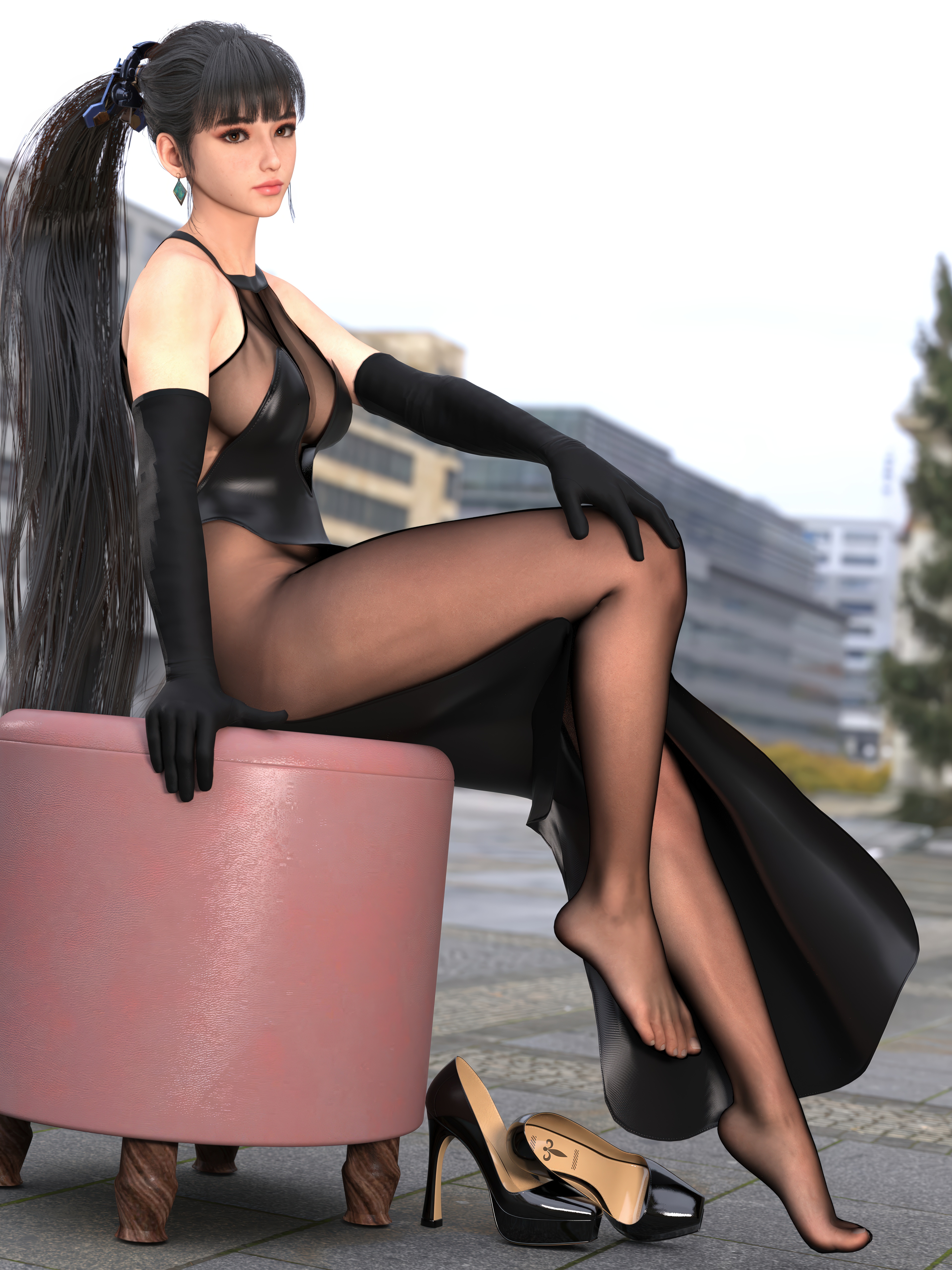 1girls, 3d, 3d (artwork), 3d model, 3d render, asian, asian female, black hair, bodystocking, brown eyes, chair, dress, elbow gloves, elegant, elegant dress, eve (stellar blade), feet out, gloves, hand on knee, high heels, highres, hleet3d, house, houses, leather, leather dress, long hair, one leg up, outside, posing, resting, revealing clothes, see-through, see-through clothes, sitting on chair, stellar blade