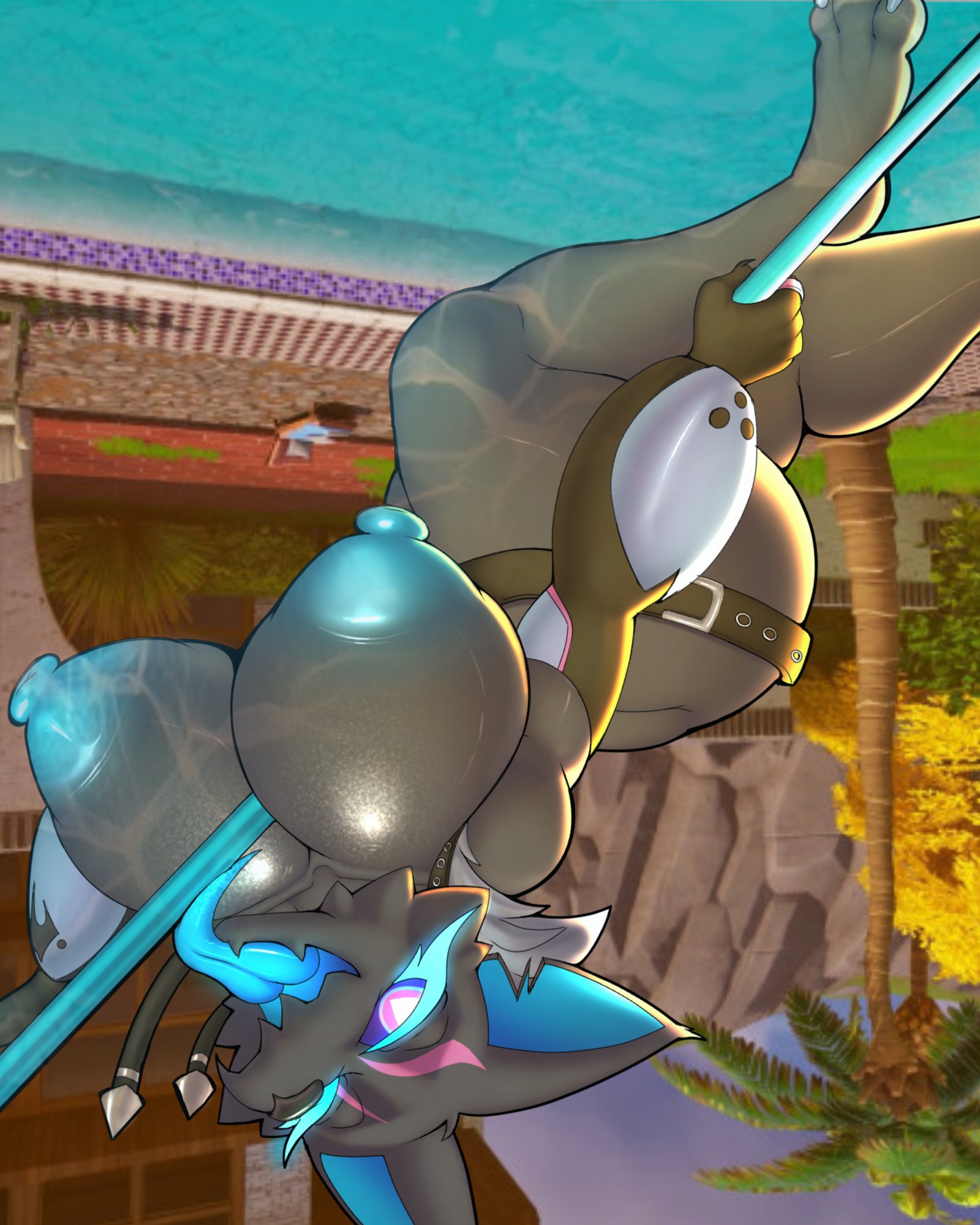 2024, 3 toes, anthro, big breasts, black body, black fur, blue nipples, blue tongue, breasts, canid, canine, canis, dancing, digital drawing (artwork), digital media (artwork), epic games, feet, female, fortnite, foxgumie, fur, hi res, highwire (fortnite), large breasts, looking at viewer, mammal, mostly nude, mostly nude anthro, mostly nude female, nipples, notched ear, open mouth, pack leader highwire, pink eyes, pole, pole dancing, purple sclera, solo, stripper, stripper pole, thick thighs, toes, tongue, tongue out, wolf