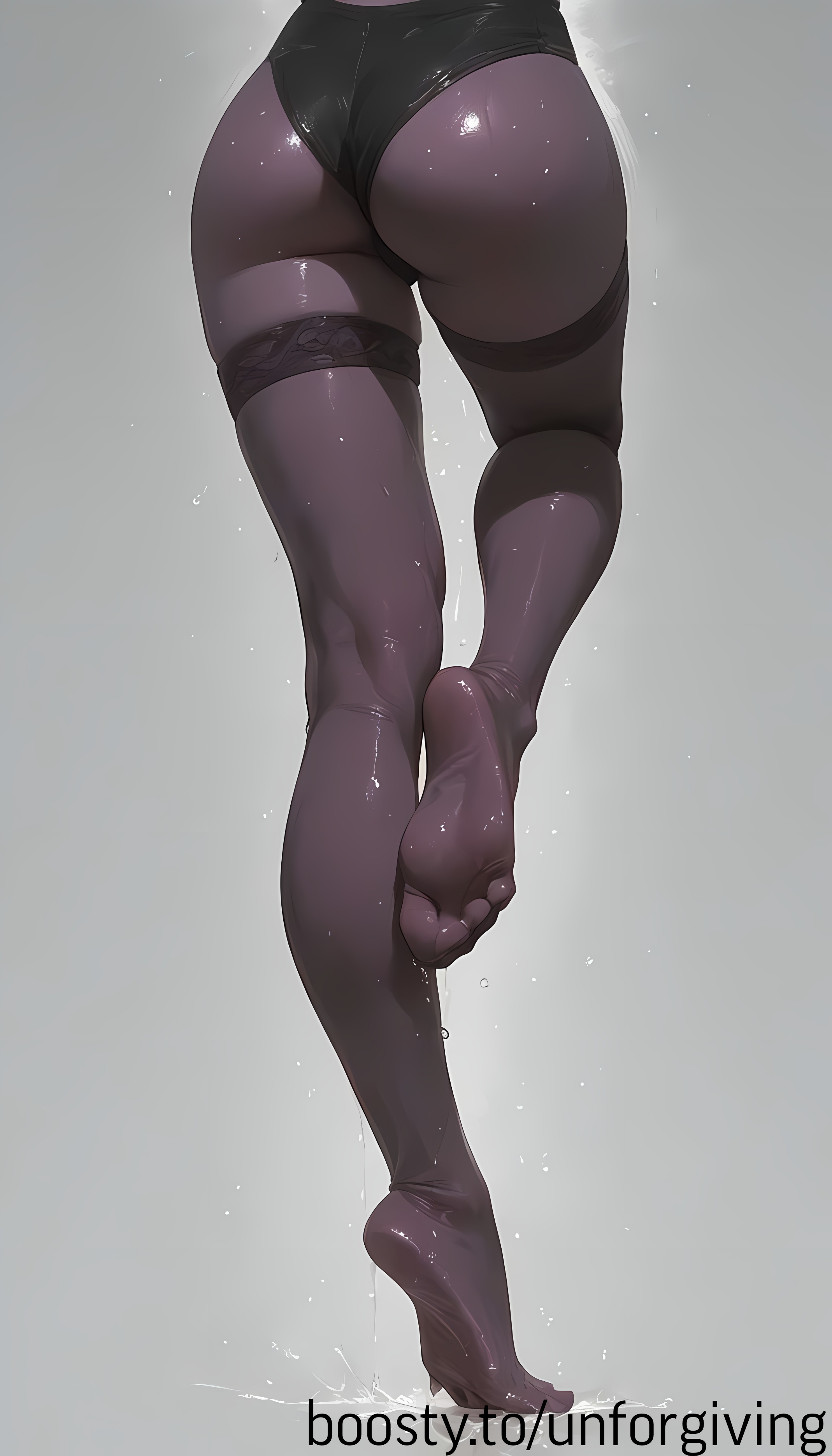 ai generated, ass, feet, feet up, female, foot fetish, foot worship, legs up, on one leg, pantyhose, purple skin, sweat, unforgiving, wet, wet clothes