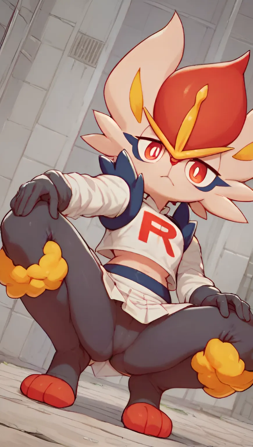 1girls ai_generated alternate_costume cameltoe cinderace crouching female female_only game_freak jacket low-angle_view nintendo pokemon pokemon_(species) scalieton self_upload skirt team_rocket team_rocket_uniform tight_clothing