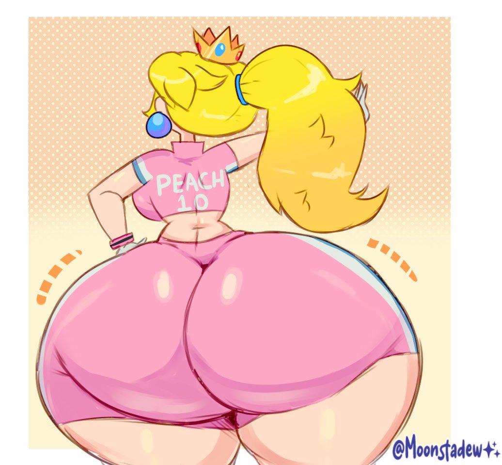 1girl, 1girls, 1human, 2d, 2d (artwork), arm up, artist name, artist signature, ass, ass bigger than head, ass bigger than torso, ass body, ass crack, ass crack outline, ass focus, back view, backboob, background, big ass, big butt, blonde, blonde female, blonde hair, blonde hair female, blonde ponytail, blonde-haired female, blue earrings, bottom heavy, bottom heavy female, bottomwear, breasts, bubble ass, bubble butt, butt, butt bigger than head, butt crack, butt crack outline, butt focus, clothed, clothed female, clothing, color, crown, earrings, facing away, facing away from viewer, fat ass, female, female ass, female ass focus, female butt, female focus, female only, fully clothed, fully clothed female, girl ass, gloves, gluteal fold, hand on hip, hand on own hip, hips, hips wider than shoulders, huge ass, huge butt, human, human female, human only, hyper, hyper ass, hyper hips, jersey, large ass, large butt, light skin, light-skinned female, mario (series), mario strikers, mario strikers peach back view redraw (meme), midriff, midriff baring shirt, midriff showing, moonraige, nintendo, one arm up, pale skin, pale-skinned female, pearl earrings, pink bottomwear, pink shorts, pink topwear, ponytail, ponytail female, princess, princess peach, rear view, shirt, shorts, simple background, slim waist, solo, solo female, solo focus, sportswear, standing, thick ass, thick thighs, thighs, thin waist, thunder thighs, topwear, video game character, video games, waist, white border, white gloves, wide hips