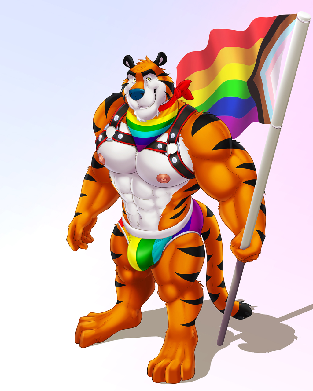 abs anthro anthro_tiger briefs chest_harness dick_bulge dick_inside dick_inside_underweae dream_and_nightmare fur furry furry_only furry_tail gay harness holding_flag lgbt_flag lgbt_pride male muscles muscular orange_fur pecs rainbow_briefs rainbow_speedo tail tiger tits tony tony_supports_gays tony_the_tiger white_abs white_pecs