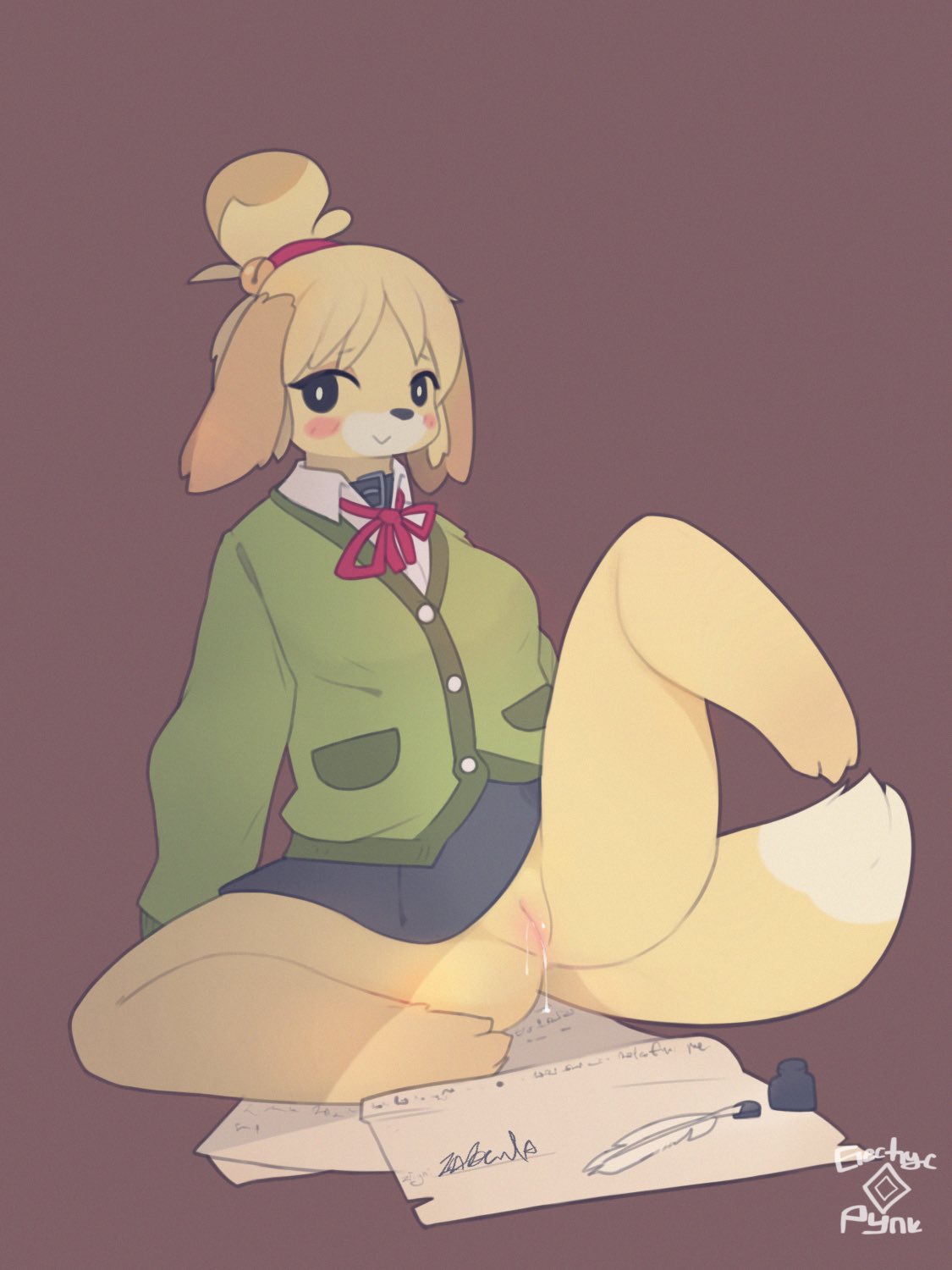 2019 accessory animal_crossing anthro black_eyes blonde_hair blush bodily_fluids bottomwear canid canine canis clothed clothing collar dipstick_tail domestic_dog electrycpynk female fur furry furry_only genital_fluids hair hair_accessory hair_tie hi_res isabelle_(animal_crossing) looking_at_viewer mammal multicolored_tail necktie nintendo one_leg_raised partially_clothed presenting presenting_pussy pussy pussy_juice pussy_juice_string shih_tzu signature simple_background sitting skirt smile solo spread_legs spreading sweater tail topwear toy_dog video_games yellow_fur