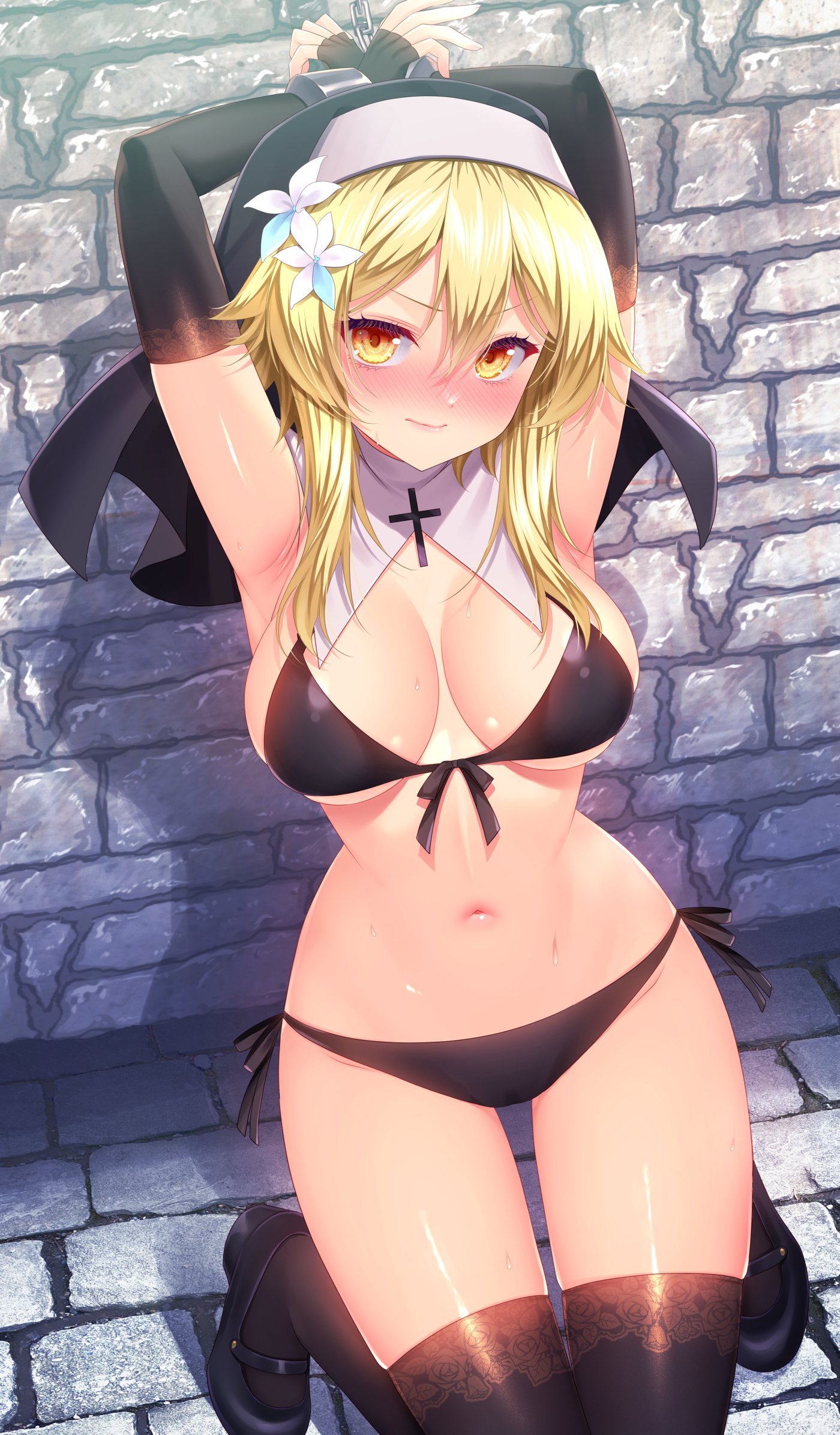 1girls, 2024, 2d, 2d (artwork), arms behind head, artist request, belly button, bikini, bikini bottom, bikini top, black bikini, black bikini bottom, black bikini top, black swimsuit, blonde hair, blush, bondage, breasts, female, female focus, female only, flowers, flowers in hair, front view, genshin impact, handcuffed, handcuffs, high resolution, highres, light skin, light-skinned female, looking at viewer, lumine (genshin impact), medium breasts, navel, nun's habit, on knees, revealing swimsuit, short hair, slim female, solo, solo female, solo focus, swimsuit, thong, thong bikini, two piece swimsuit, white flowers, yellow eyes, young, younger female