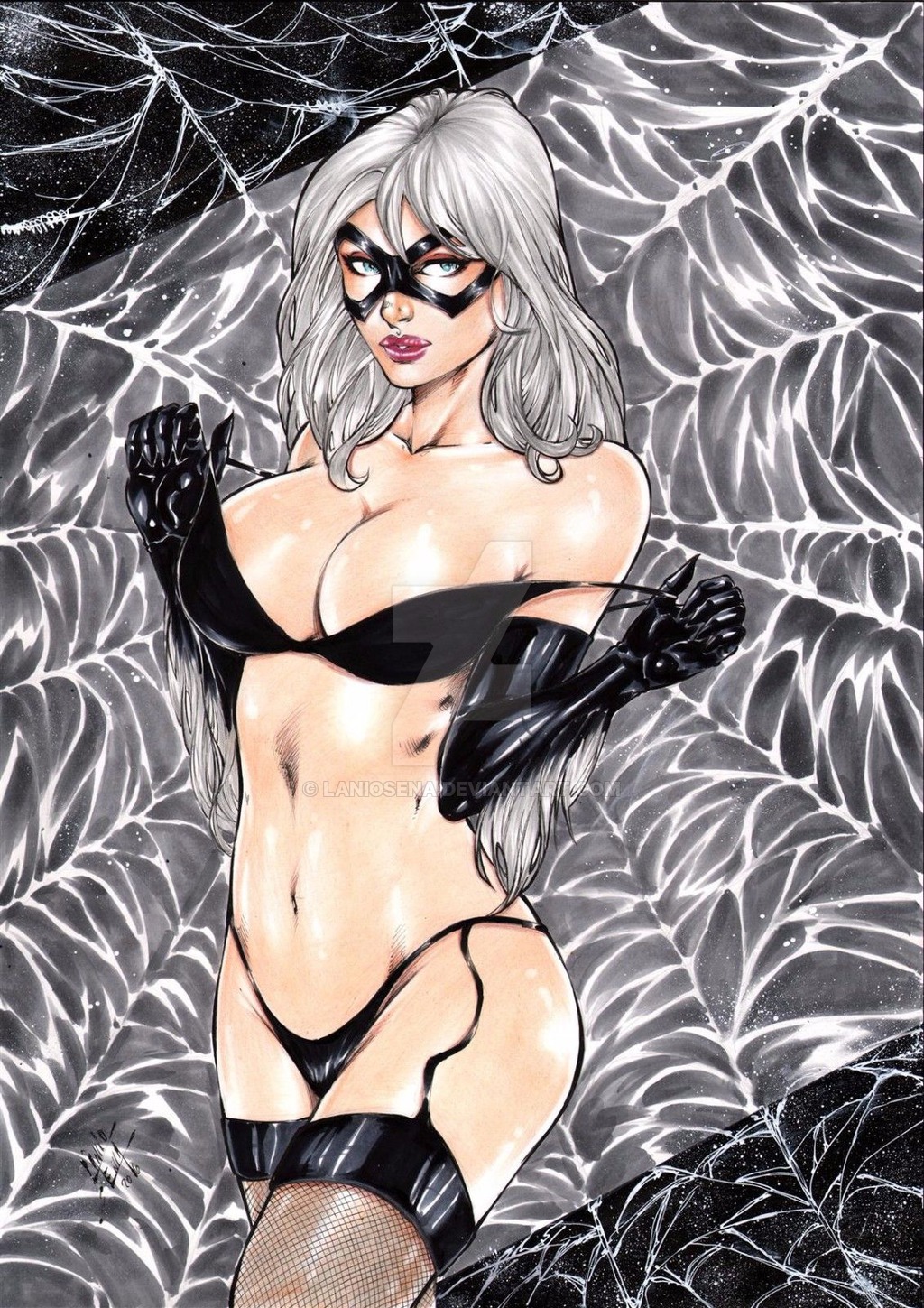 1girls 2016 belly_button big_breasts black_bra black_cat_(marvel) black_gloves black_leather black_panties black_thong blue_eyes bra bra_pull bra_tug breasts busty claws cleavage curvaceous curvy dated deviantart distracting_watermark domino_mask ed_benes_studio eyeshadow felicia_hardy female female_only fishnet fishnet_stockings fishnet_thighhighs fishnets gloves human lanio_sena leather leather_gloves long_hair marvel marvel_comics mascara mask midriff navel panties pinup purple_lips purple_lipstick signature solo spider-man_(series) stockings stomach stripping superheroine thick_thighs thighhighs thighs thong voluptuous watermark web webbing white_hair