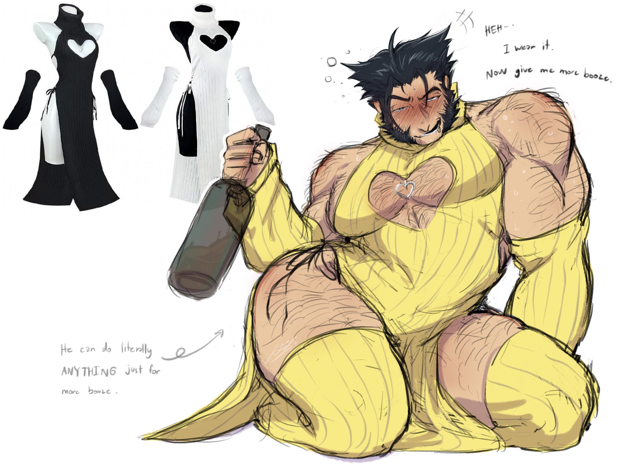 1boy, baimonbluewhale, blush, crossdressing, drunk, english text, gay, hairy, hairy arms, hairy chest, hairy legs, heart cutout, holding bottle, james howlett, large pectorals, logan (x-men), male, male only, marvel, marvel comics, masculine crossdresser, muscles, muscular, muscular male, revealing clothes, short hair, solo, sweater dress, thick thighs, thighhighs, wolverine (x-men), x-men