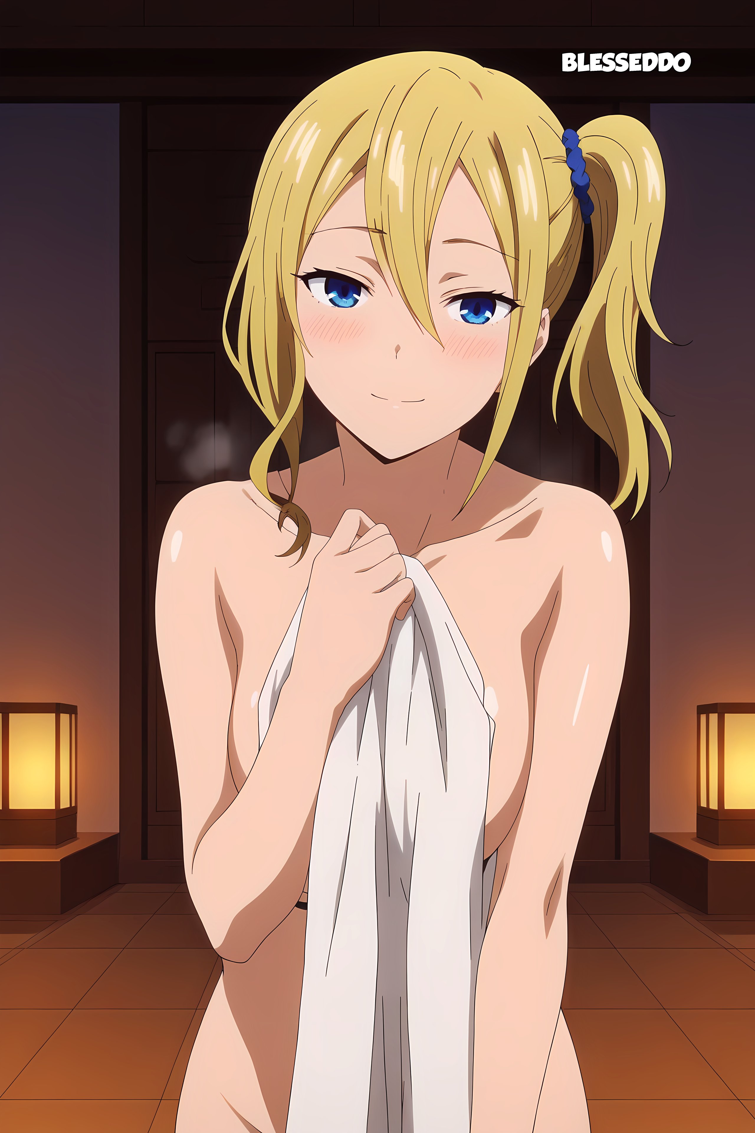 1girls, ai generated, blesseddo, blonde hair, blue eyes, blush, breasts, female, hayasaka ai, kaguya-sama wa kokurasetai ~tensai-tachi no renai zunousen~, looking at viewer, no bra, nude, short hair, solo