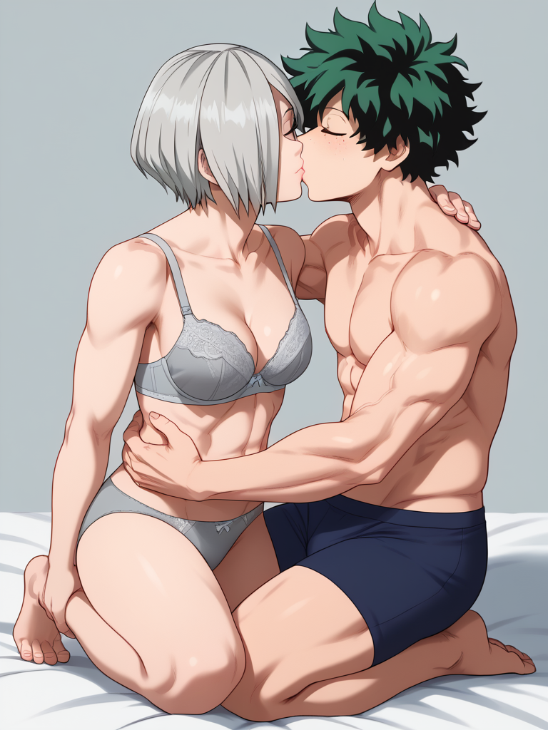 1boy abs ai_generated boxers bra couple female green_hair grey_hair grey_underwear hair_over_one_eye hugging isogil izuku_midoriya kissing muscular_male my_hero_academia panties pectorals reiko_yanagi