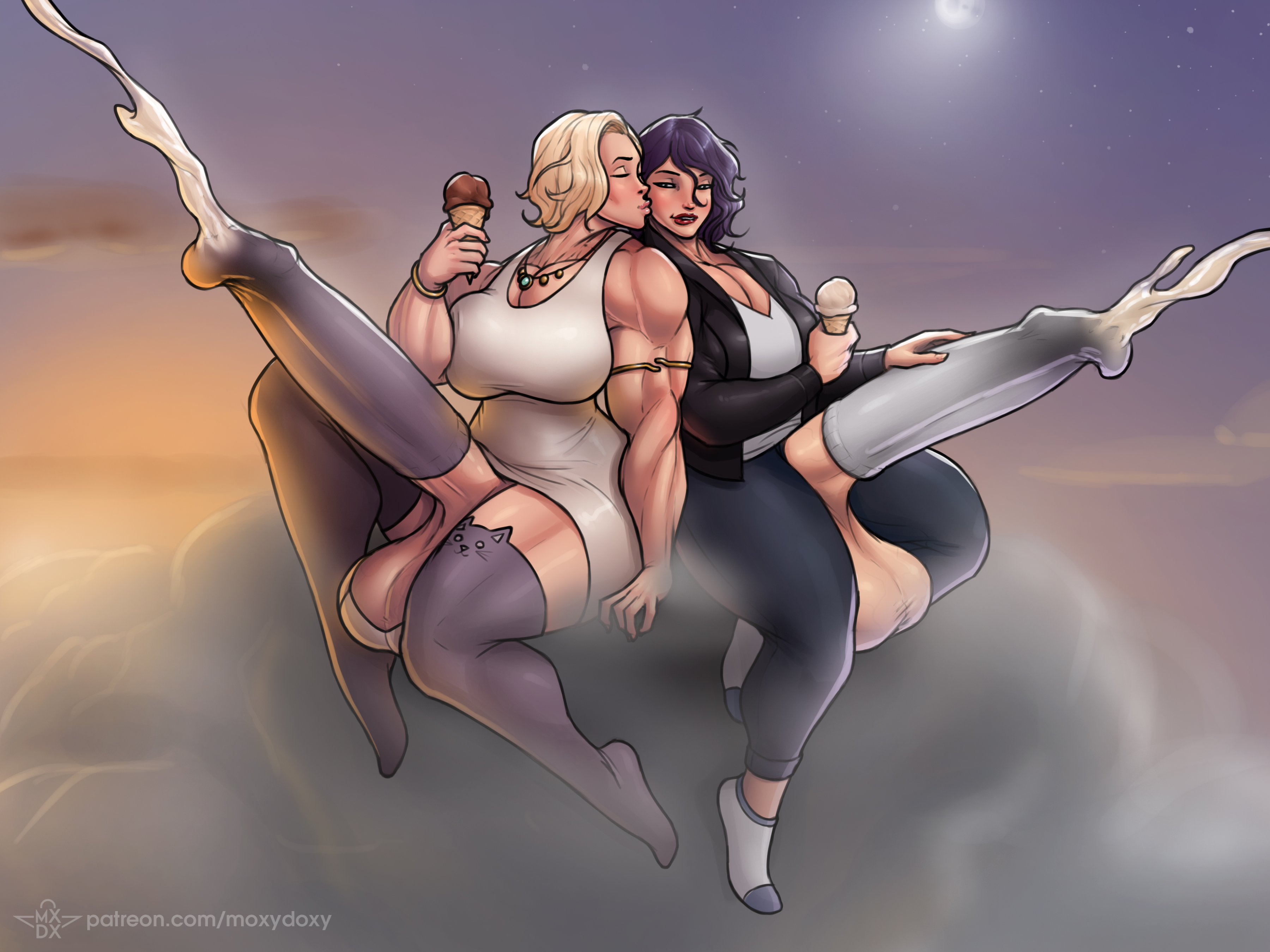 2futas, balls, balls bra, balls under clothes, black hair, blonde hair, bottomless skirt, breasts, clothed, clothed masturbation, clothing, cock sock, color, cum, cum in sock, cum through clothes, cumming, cumshot, curvy, dickgirl, dress, ejaculation, erection, erection under clothes, erection under skirt, female, futa only, futanari, hands-free, handsfree ejaculation, highres, hourglass figure, huge breasts, hyper, hyper balls, hyper penis, intersex, jacket, jeans, kathy, kissing, levitation, long penis, masturbation, masturbation through clothing, milf, moxydoxy, muscles, muscular, orgasm from kissing, penis, penis out, penis under clothes, penis under skirt, purple hair, sitting, skirt, smooch, stockings, testicles, thick penis, thick thighs, through clothes, valerie, wide hips